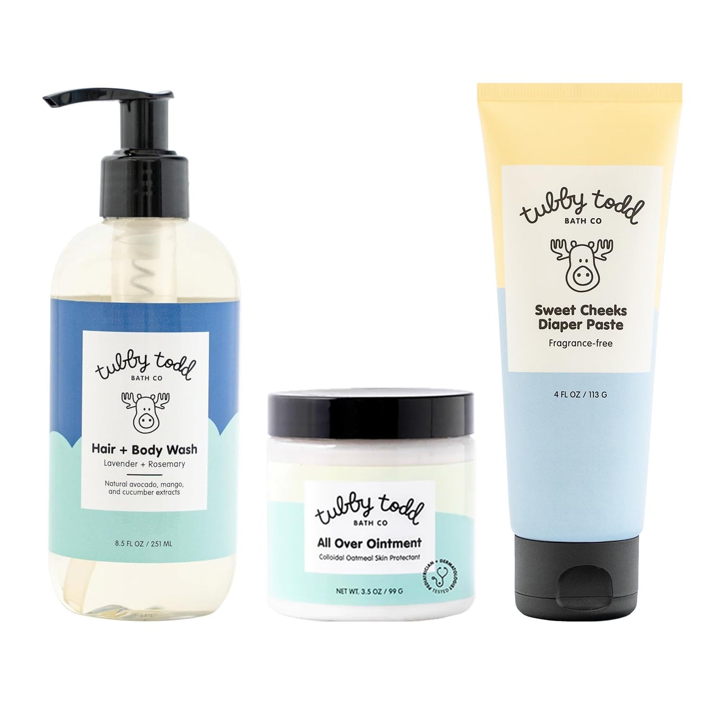 TUBBY TODD Baby Bundle Newborn Skin Care Set - Hypoallergenic Hair + Body Wash, All Over Ointment with Colloidal Oatmeal, Sweet Cheeks Diaper Paste - Fragrance Free, Standard Size