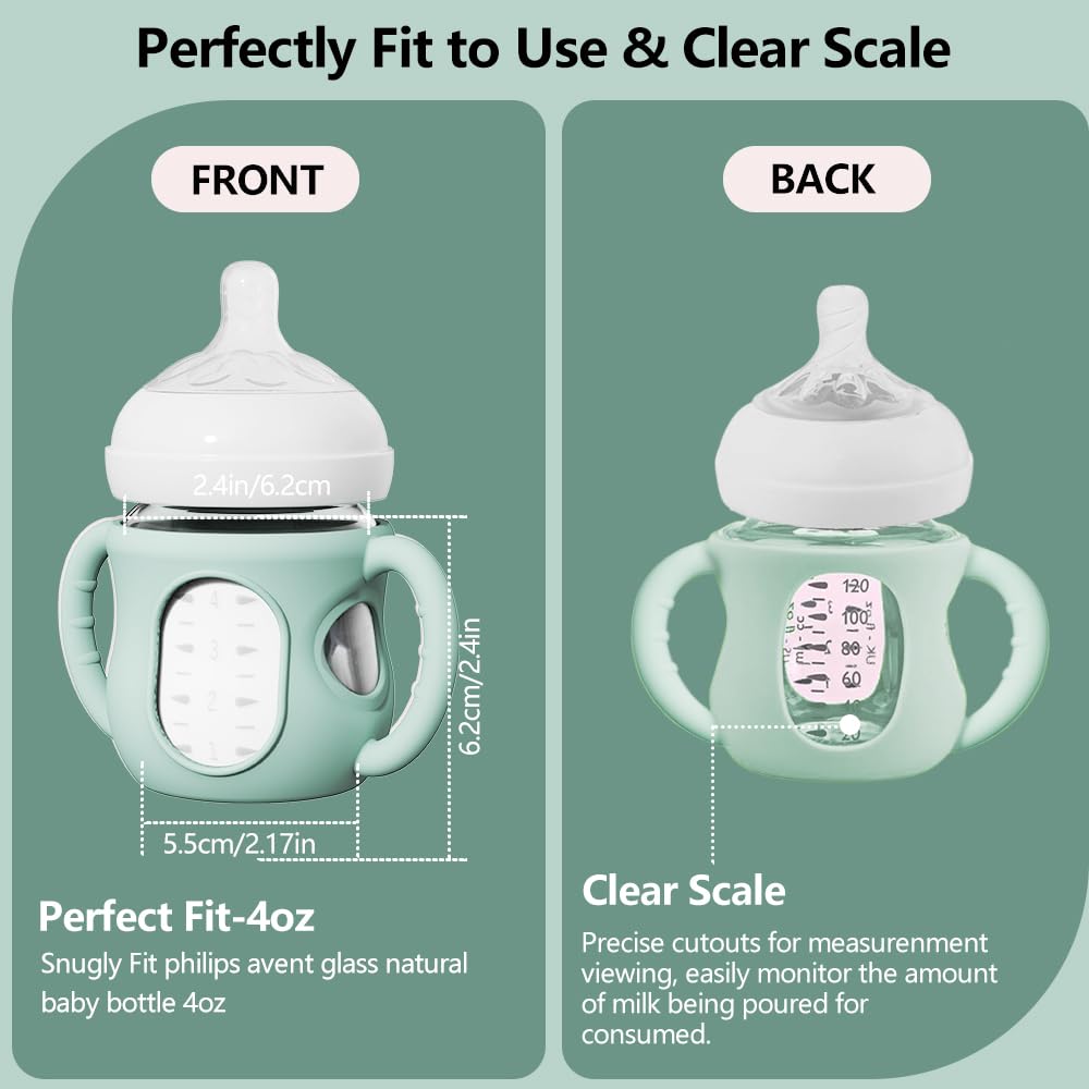 4 Pack Silicone Sleeves for Avent Natural Glass Bottles, Anti Breakage Bottle Holder with Handle
