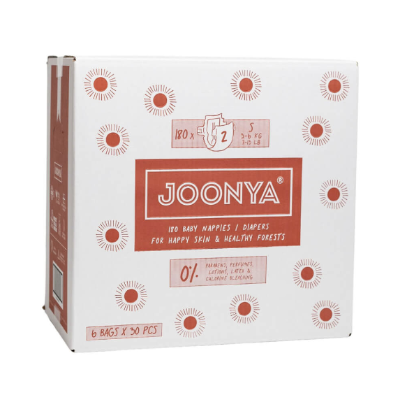 Box of Joonya baby diapers with red and white design.