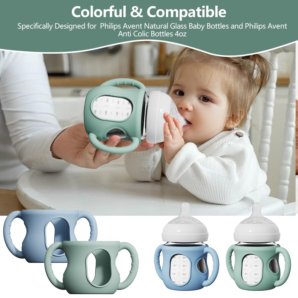 4 Pack Silicone Sleeves for Avent Natural Glass Bottles, Anti Breakage Bottle Holder with Handle