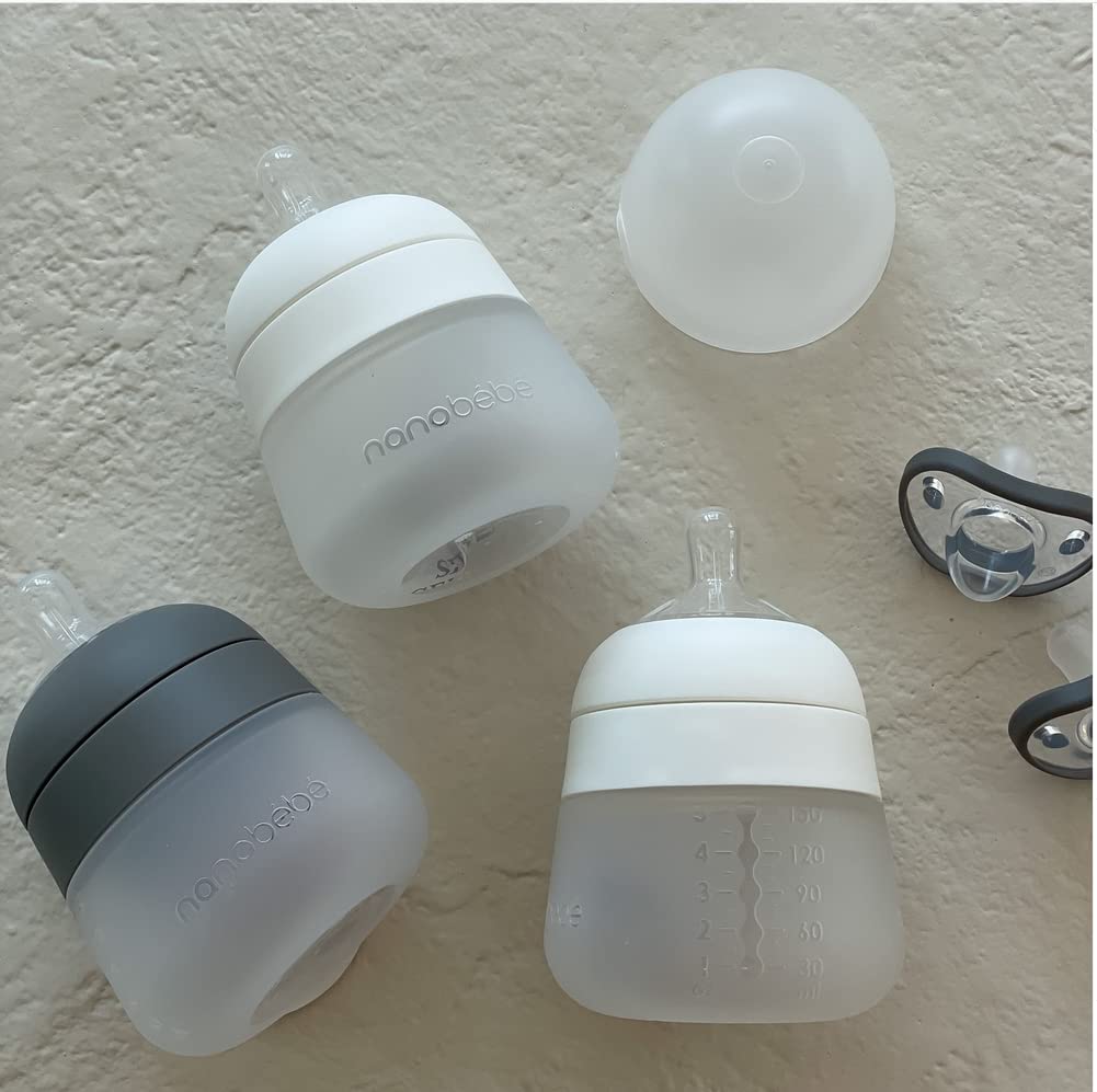 Nanobébé Flexy Silicone Baby Bottle, Anti-Colic, Natural Feel, Non-Collapsing Nipple, Non-Tip Stable Base, Easy to Clean, 3-Pack, Gray, 9oz