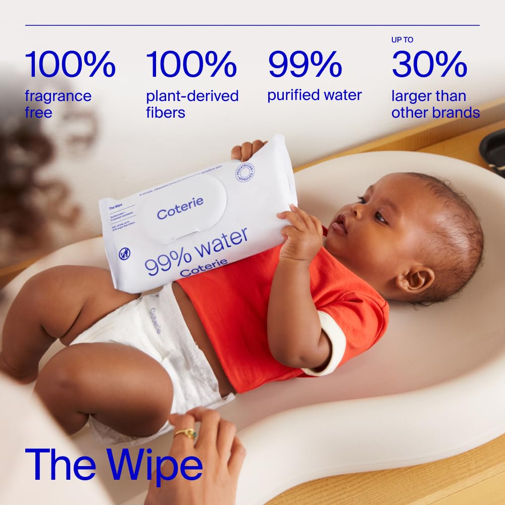 Coterie Baby Wipes + Diapers Kit, Size 1 (198 Count) & Size Newborn Diapers (93 Count), 4 Pack (224) Wipes with 99% Water, Plant Based Materials, Hypoallergenic for Sensitive Skin, Baby Essentials