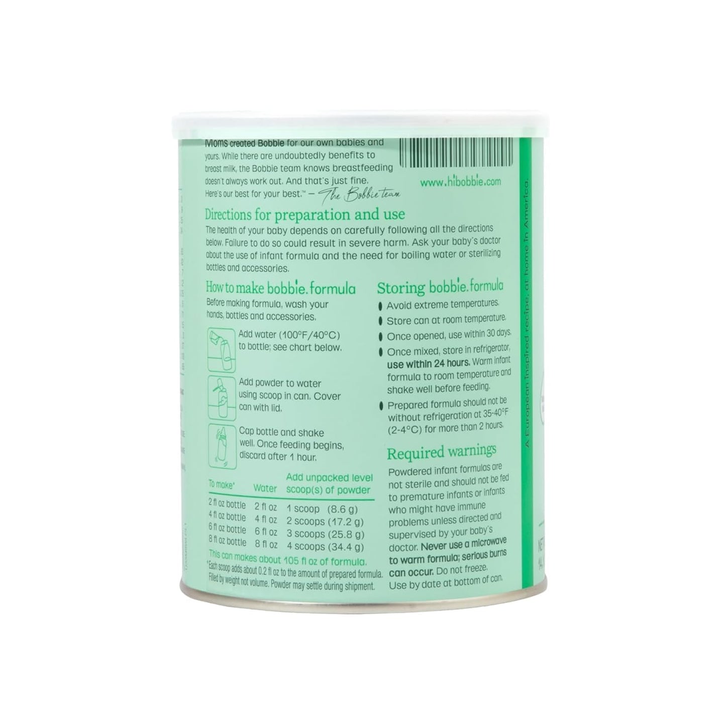 Bobbie Whole Milk, Grass Fed Infant Formula with Iron, Plant Based DHA and ARA, Vitamin D and Protein Blend Modeled After Breast Milk