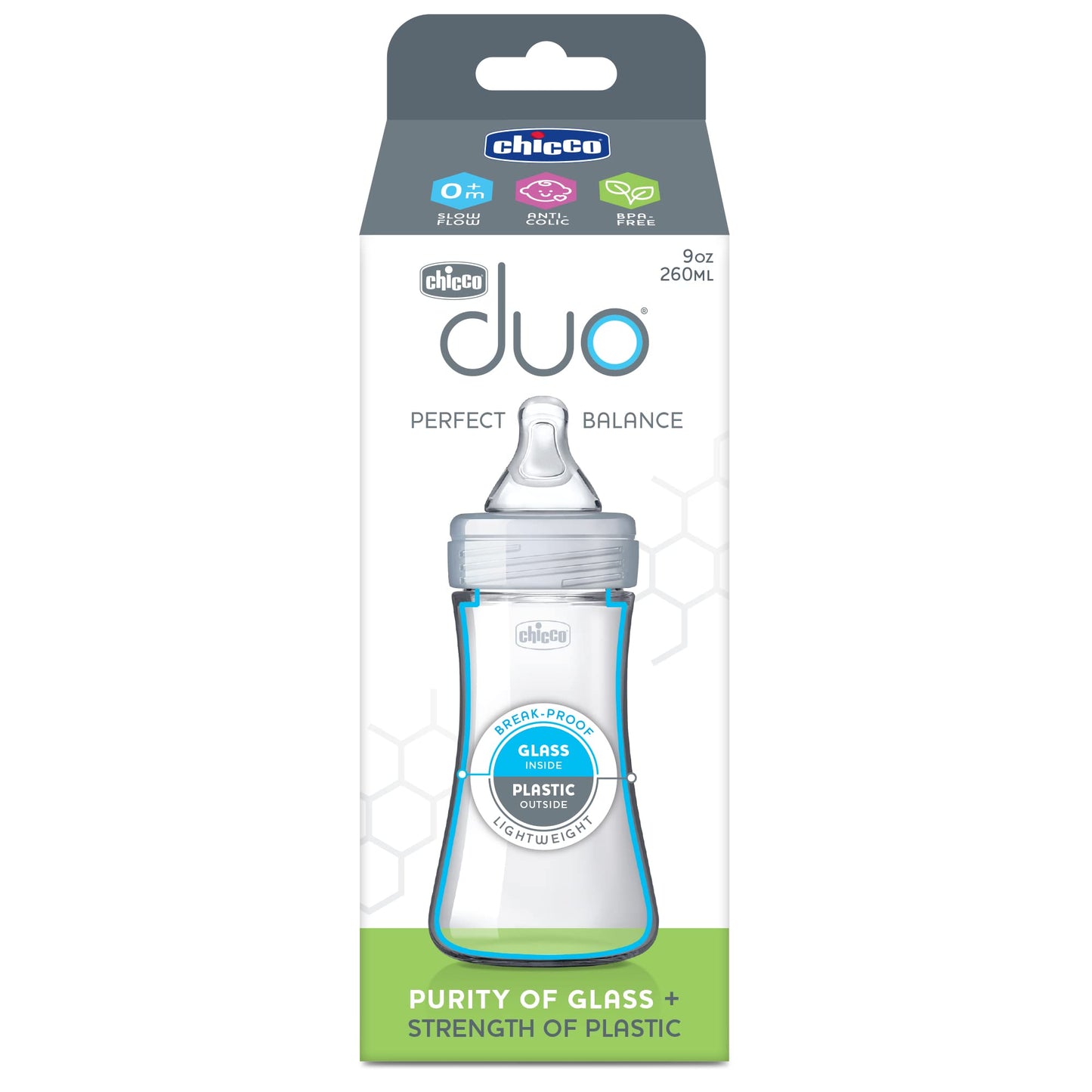 Chicco Duo 9oz. Hybrid Baby Bottle with Invinci-Glass Inside and Plastic Outside | Dishwasher, Bottle Warmer, and Electric Sterilizer Safe | Intui-Latch Nipple | Clear/Grey, 2pk
