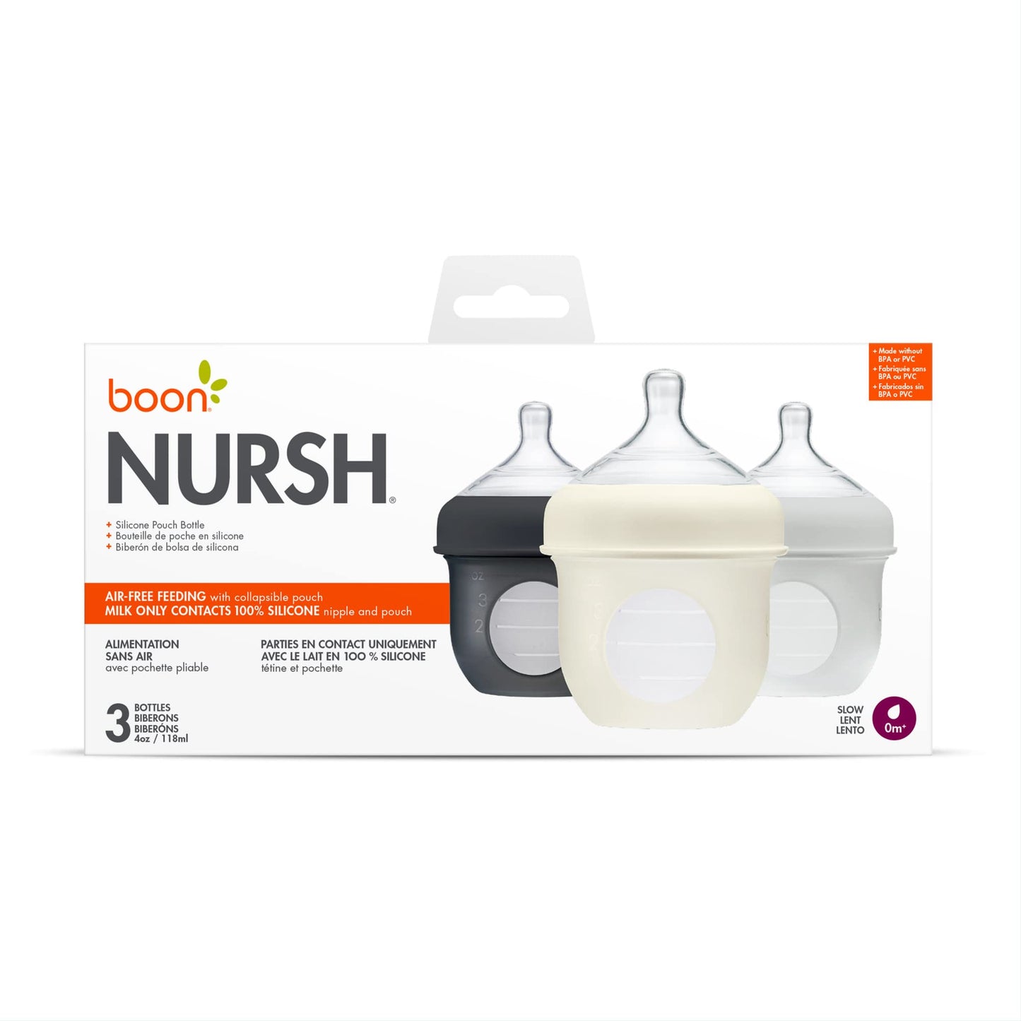 Boon Nursh Reusable Silicone Pouch Baby Bottles - Medium Flow Nipple - Silicone Baby Bottle Pouch and Nipple - Baby Feeding Essentials - Pink - 3-6 Months - 3 Count - 8 Ounce