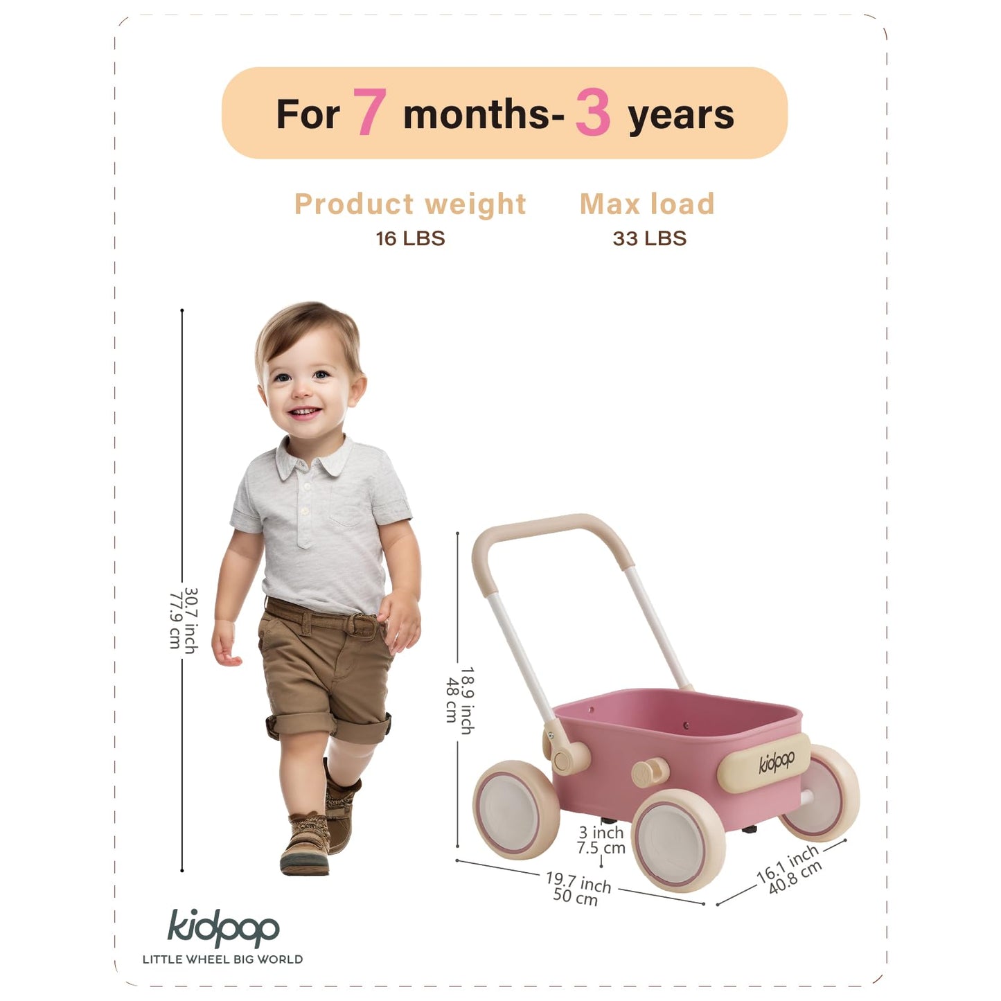 PULA Baby Push Walker with Wheels Toddler Wagon for First Learner Baby Toys 6-12 Months, 1 Year Old Birthday Gifts, Indoors and Outdoors (Black)