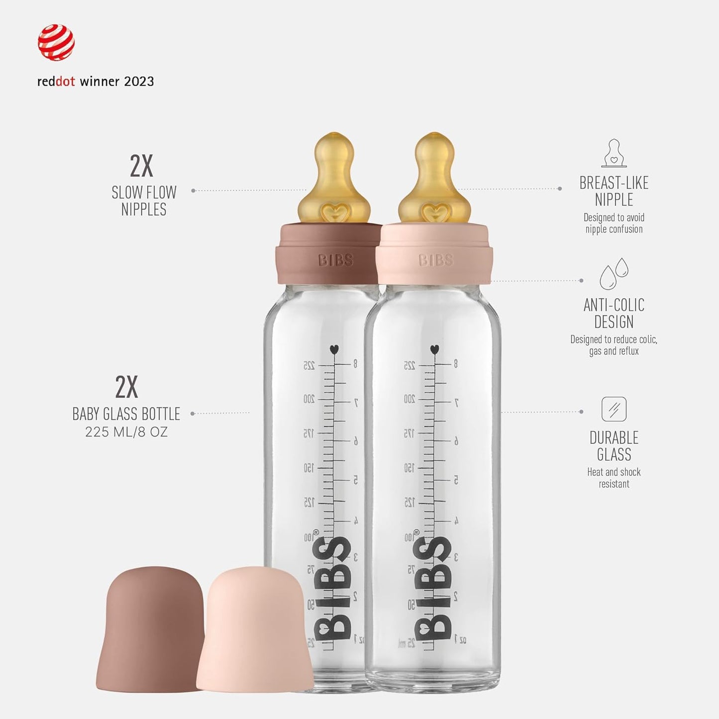 Bibs Baby Glass Bottle | Anti-Colic Borosilicate Glass Bottles | Natural Vented Round Natural Rubber Latex Nipple | Consistent Flow Rate | 7.6 oz/225 ml | 2 Pack | Blush/Woodchuck