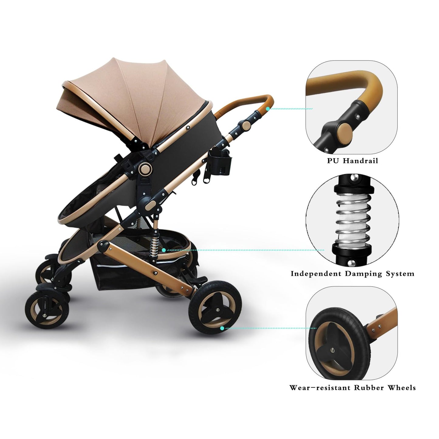 Luxury Baby Stroller 2 in 1 with Bassinet Mode Foldable Infant Stroller High Landscape Reversible Stroller Travel Pram Baby Carriage (Black)