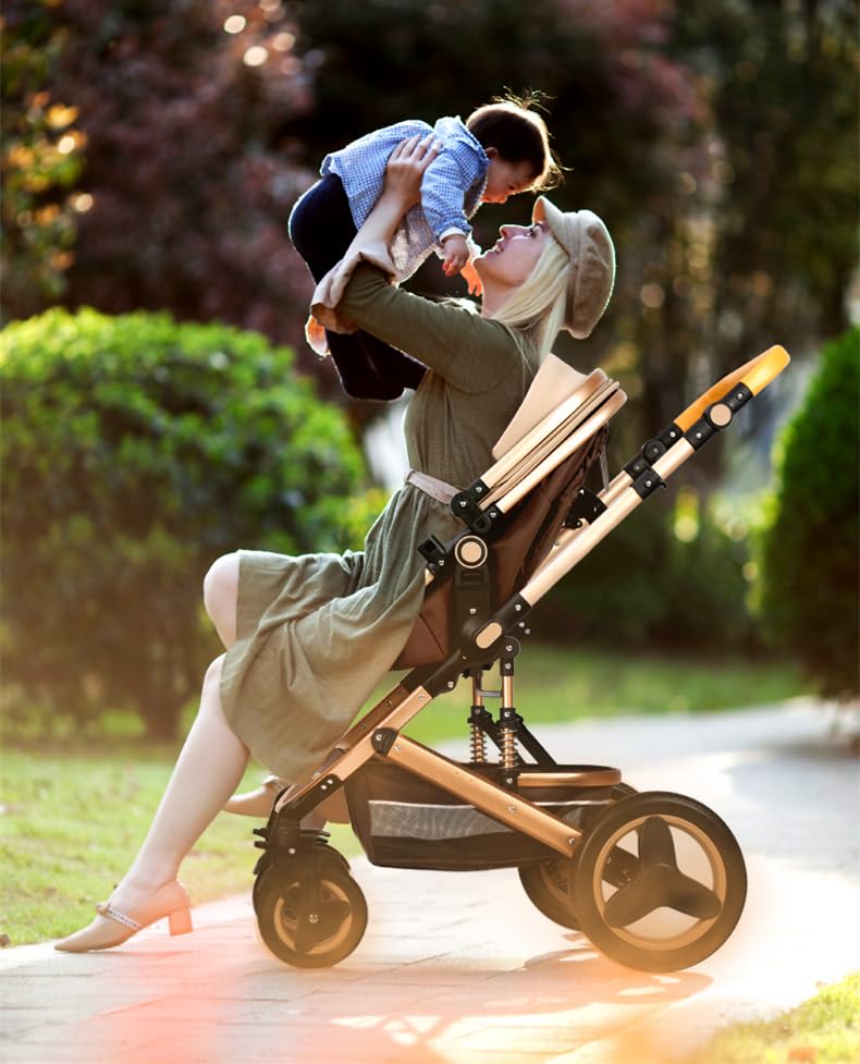 Luxury Baby Stroller 2 in 1 with Bassinet Mode Foldable Infant Stroller High Landscape Reversible Stroller Travel Pram Baby Carriage (Black)