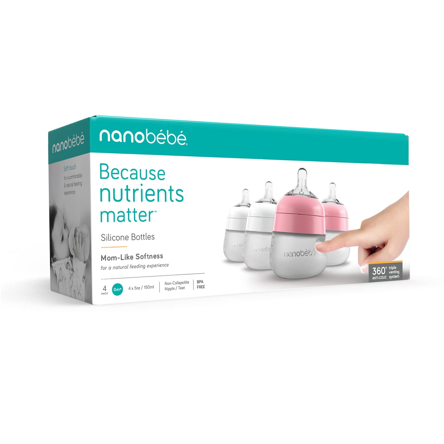Nanobébé Flexy Silicone Baby Bottle, Anti-Colic, Natural Feel, Non-Collapsing Nipple, Non-Tip Stable Base, Easy to Clean, 3-Pack, Gray, 9oz