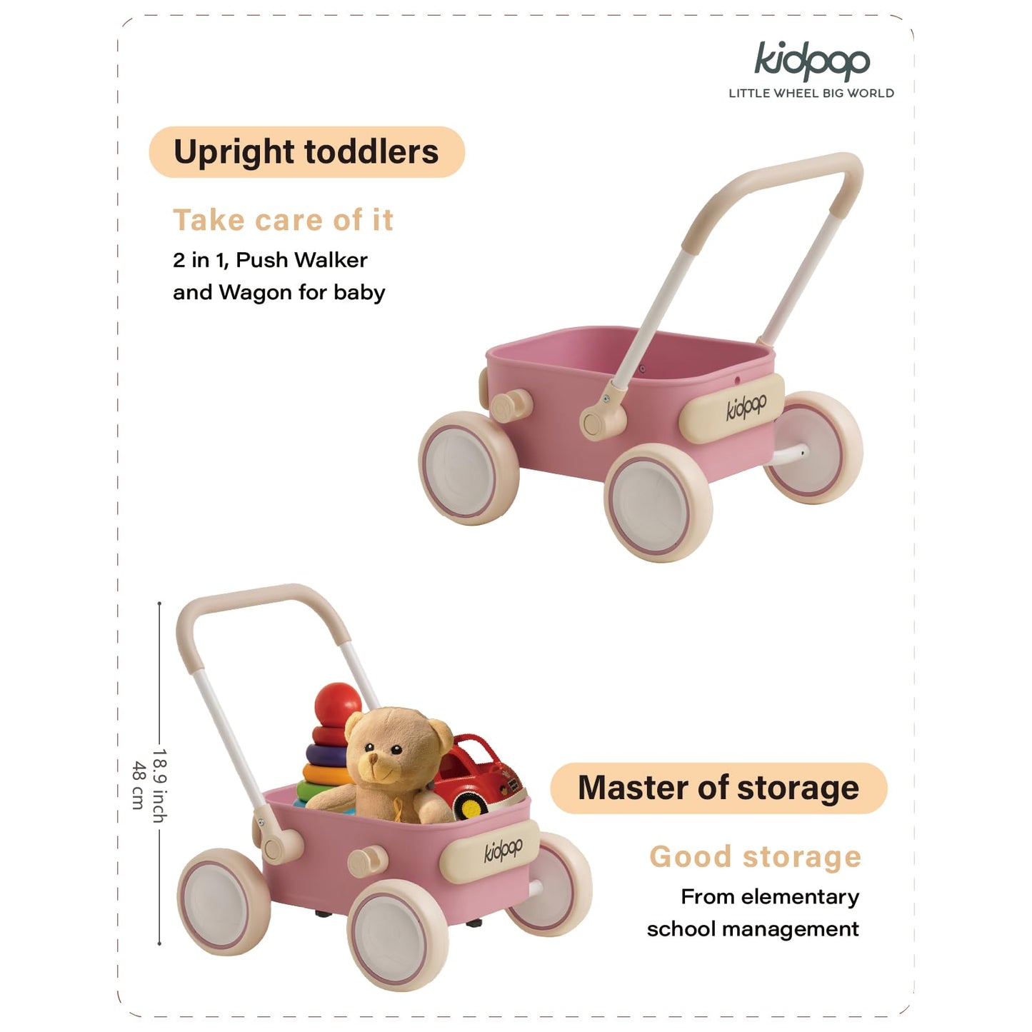 PULA Baby Push Walker with Wheels Toddler Wagon for First Learner Baby Toys 6-12 Months, 1 Year Old Birthday Gifts, Indoors and Outdoors (Black)