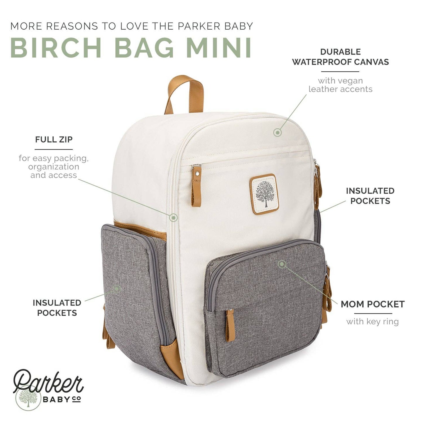 Backpack with white and gray compartments and product features highlighted.