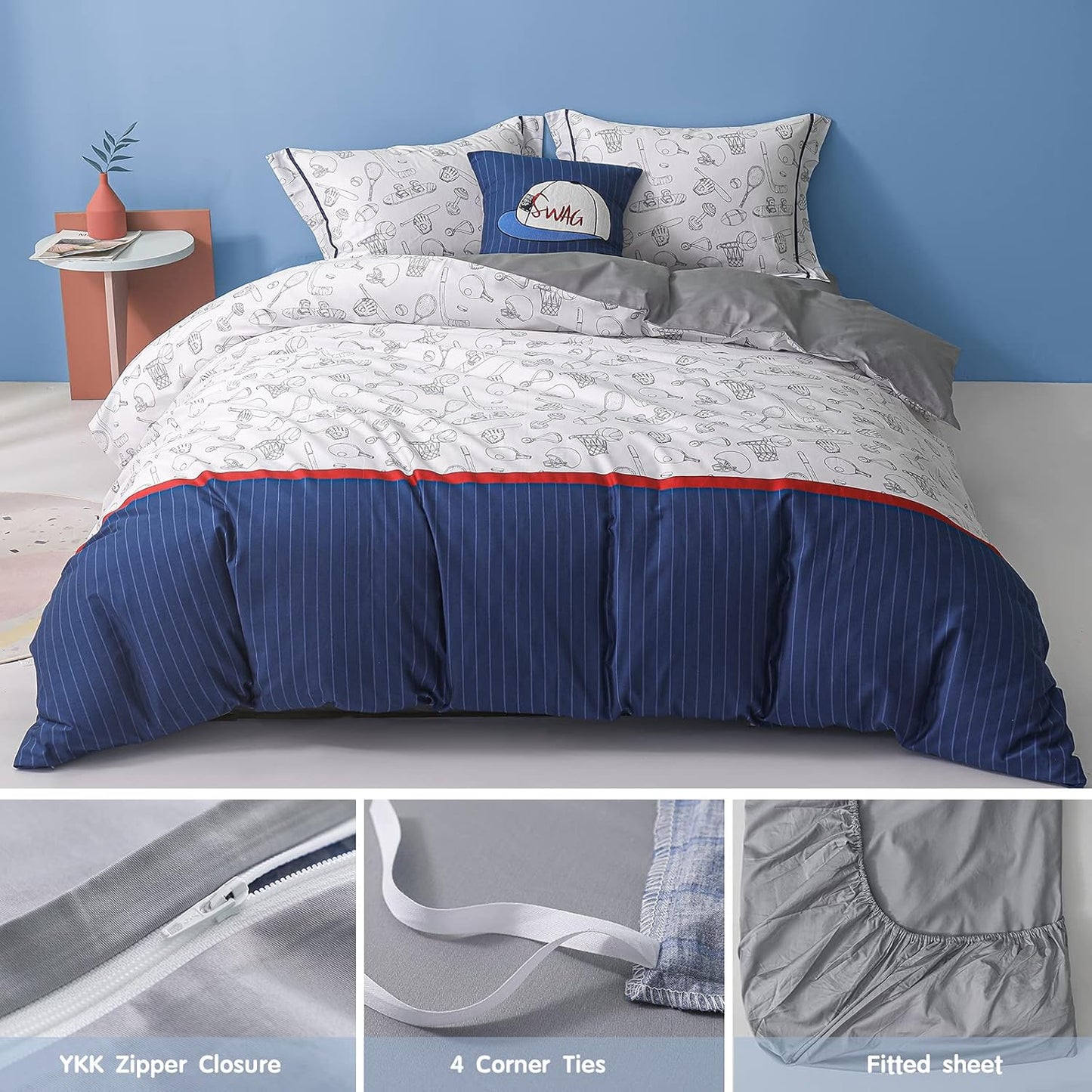 100% Organic Cotton Duvet Cover for Kids Teens, 3 Piece Soft Cartoon Comforter Cover with Zipper Closure, Boys Bedding Set with Baseball Pattern,Twin