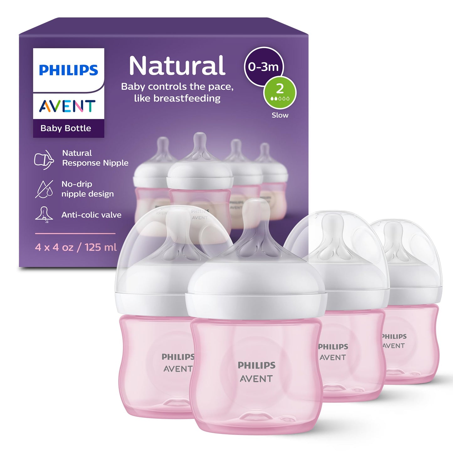 Philips Avent Natural Baby Bottles with Natural Response Nipples (Slow Flow, Flow 2), 4oz, 4-Pack