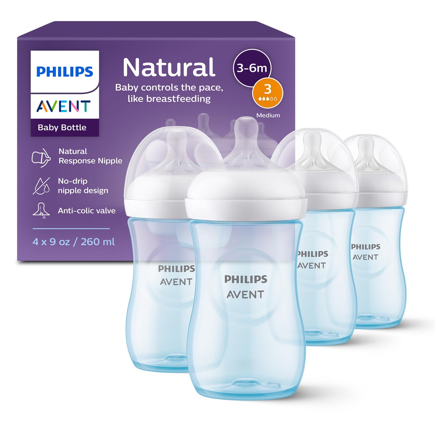 Philips Avent Natural Baby Bottles with Natural Response Nipples (Slow Flow, Flow 2), 4oz, 4-Pack