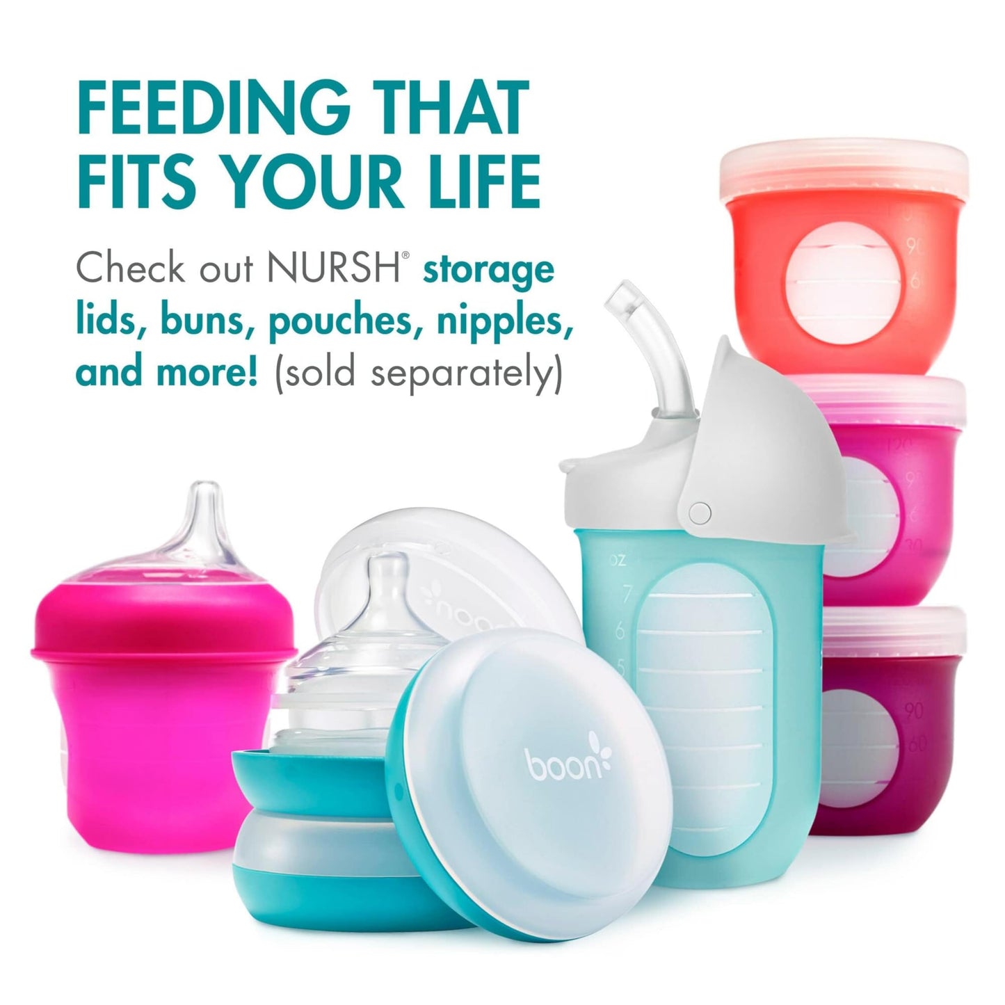 Boon Nursh Reusable Silicone Pouch Baby Bottles - Medium Flow Nipple - Silicone Baby Bottle Pouch and Nipple - Baby Feeding Essentials - Pink - 3-6 Months - 3 Count - 8 Ounce