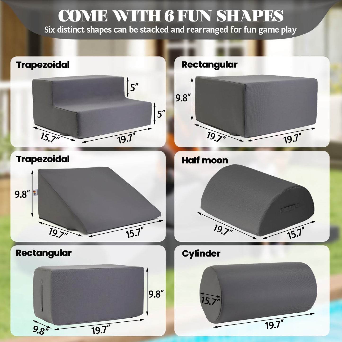 jela Foam Blocks 6Pcs Soft Play Equipment Waterproof Fabric, UV Resistant Toddler Climbing Toys Indoor& Outdoor Soft Play Climbing for Toddlers, Lightweight Climbing Blocks for Babies, Kids (Darkgrey)