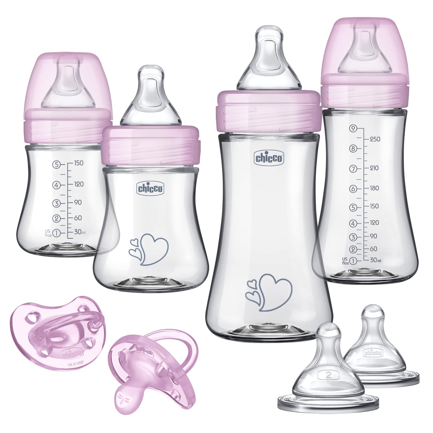Chicco Duo 9oz. Hybrid Baby Bottle with Invinci-Glass Inside and Plastic Outside | Dishwasher, Bottle Warmer, and Electric Sterilizer Safe | Intui-Latch Nipple | Clear/Grey, 2pk