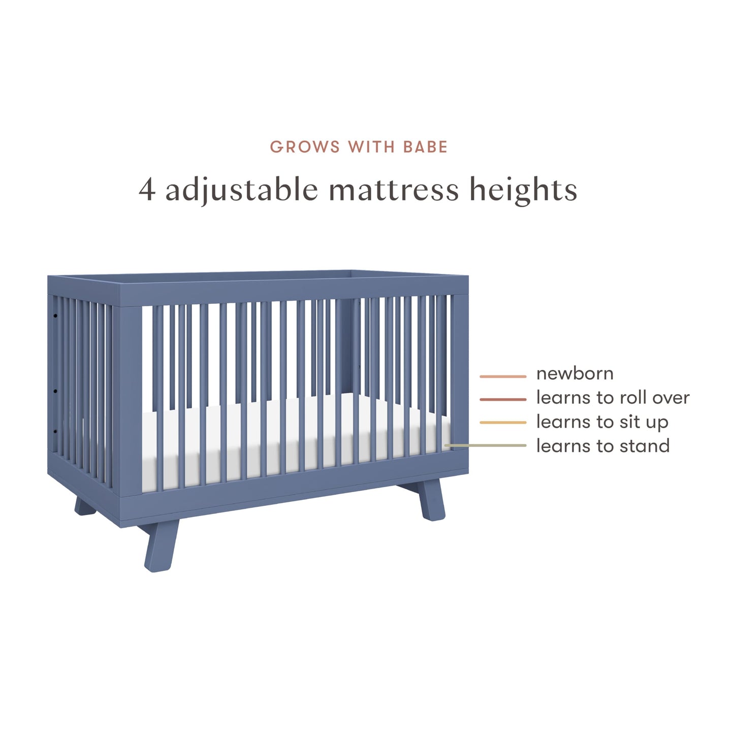 Blue crib with adjustable mattress heights labeled on a white background
