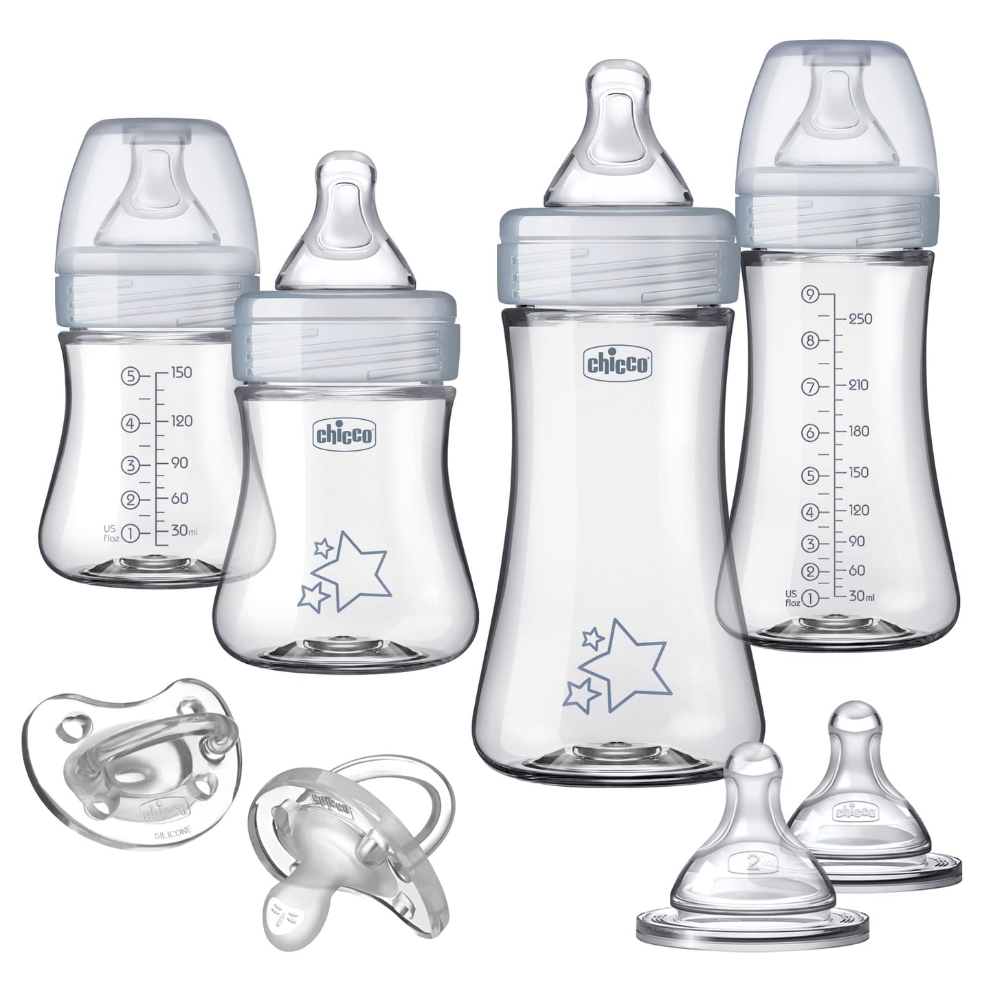 Chicco Duo 9oz. Hybrid Baby Bottle with Invinci-Glass Inside and Plastic Outside | Dishwasher, Bottle Warmer, and Electric Sterilizer Safe | Intui-Latch Nipple | Clear/Grey, 2pk