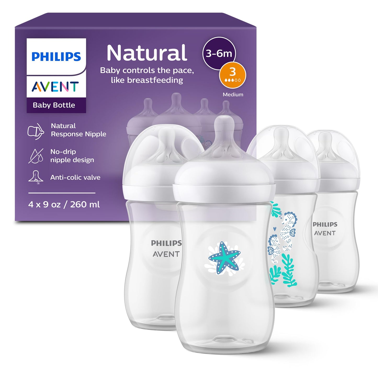 Philips Avent Natural Baby Bottles with Natural Response Nipples (Slow Flow, Flow 2), 4oz, 4-Pack