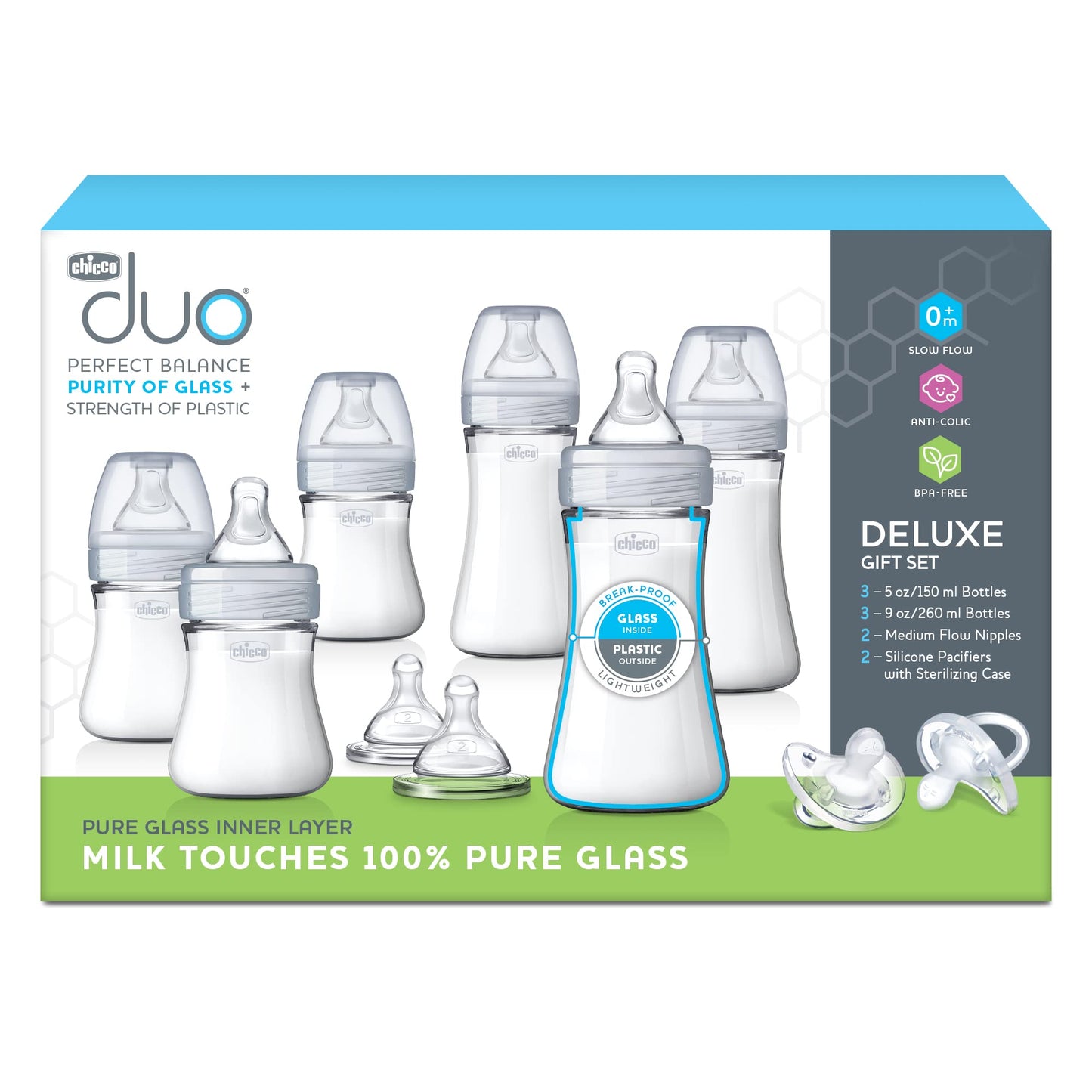 Chicco Duo 9oz. Hybrid Baby Bottle with Invinci-Glass Inside and Plastic Outside | Dishwasher, Bottle Warmer, and Electric Sterilizer Safe | Intui-Latch Nipple | Clear/Grey, 2pk