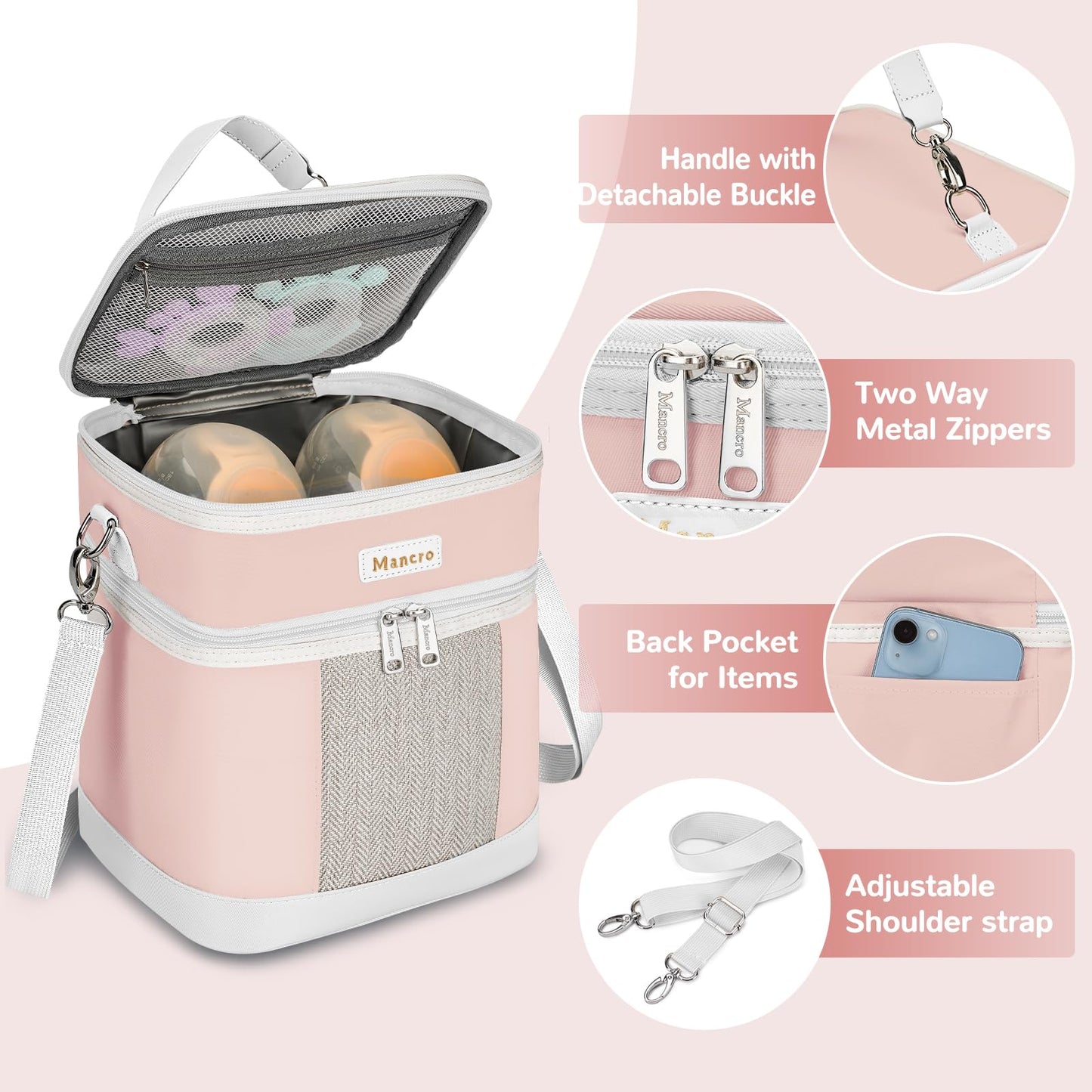 Mancro Breastmilk Cooler Bag with Ice Pack, Double Layer Insulated Baby Bottles Bag Fits 6 Bottles Up to 9 Ounces, Portable Breast Pump Cooler Travel Bag for Daycare and Nursing Moms, Beige