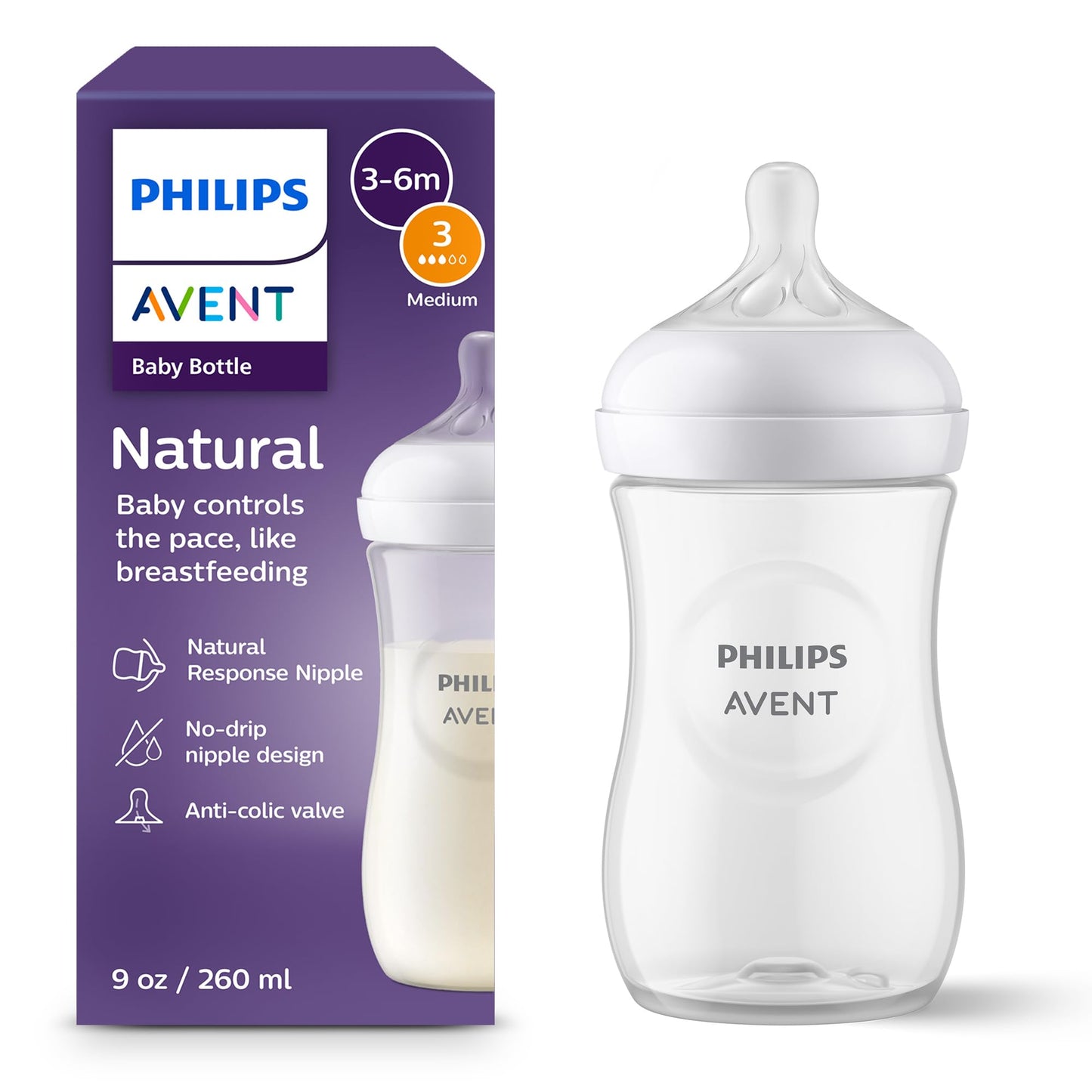 Philips Avent Natural Baby Bottles with Natural Response Nipples (Slow Flow, Flow 2), 4oz, 4-Pack