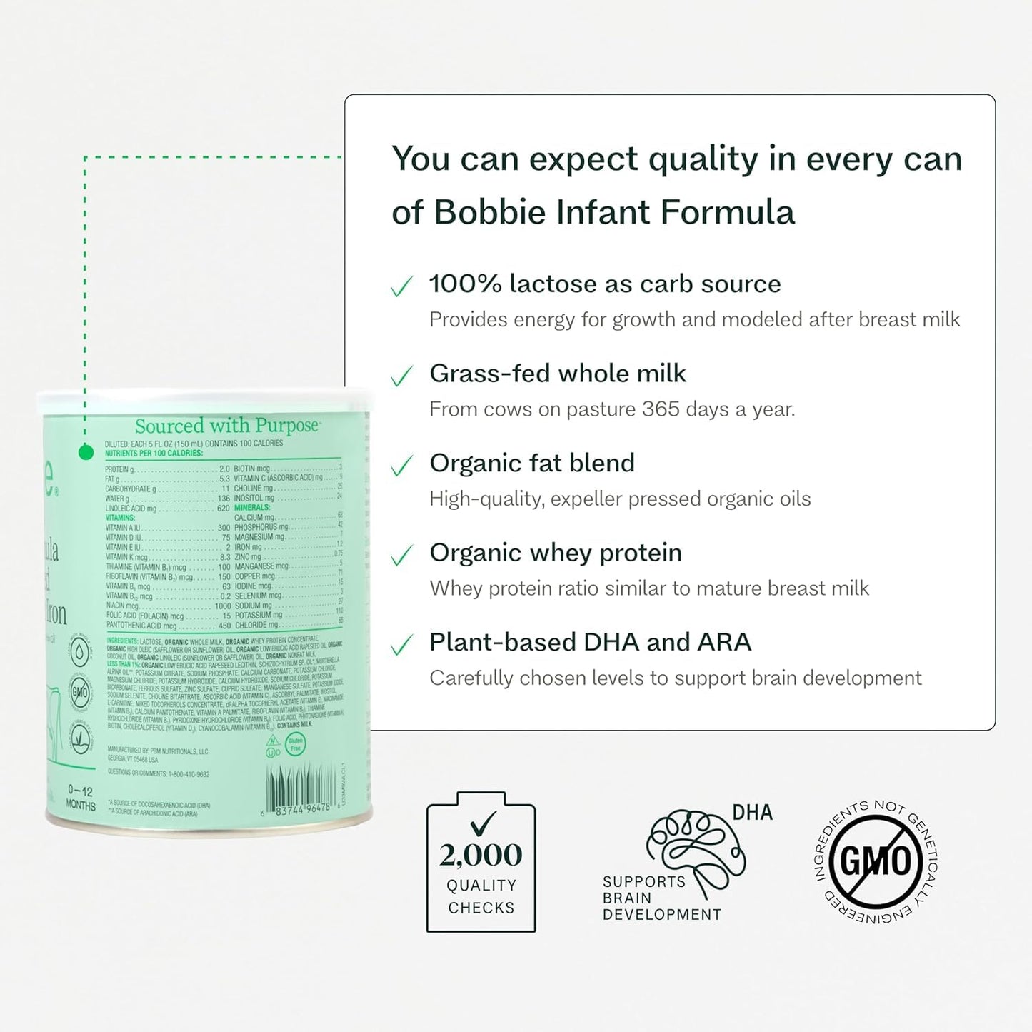 Bobbie Whole Milk, Grass Fed Infant Formula with Iron, Plant Based DHA and ARA, Vitamin D and Protein Blend Modeled After Breast Milk