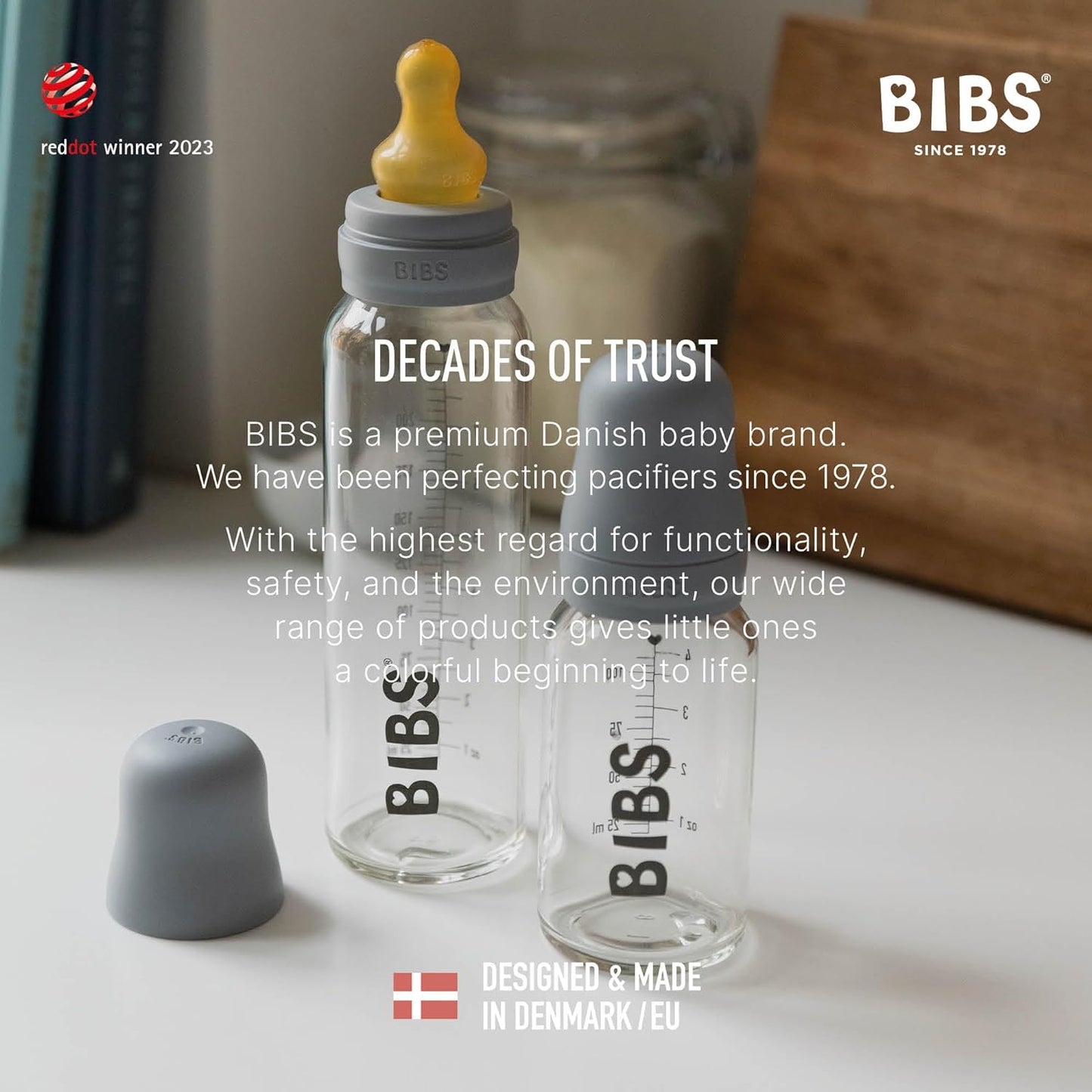 Bibs Baby Glass Bottle | Anti-Colic Borosilicate Glass Bottles | Natural Vented Round Natural Rubber Latex Nipple | Consistent Flow Rate | 7.6 oz/225 ml | 2 Pack | Blush/Woodchuck