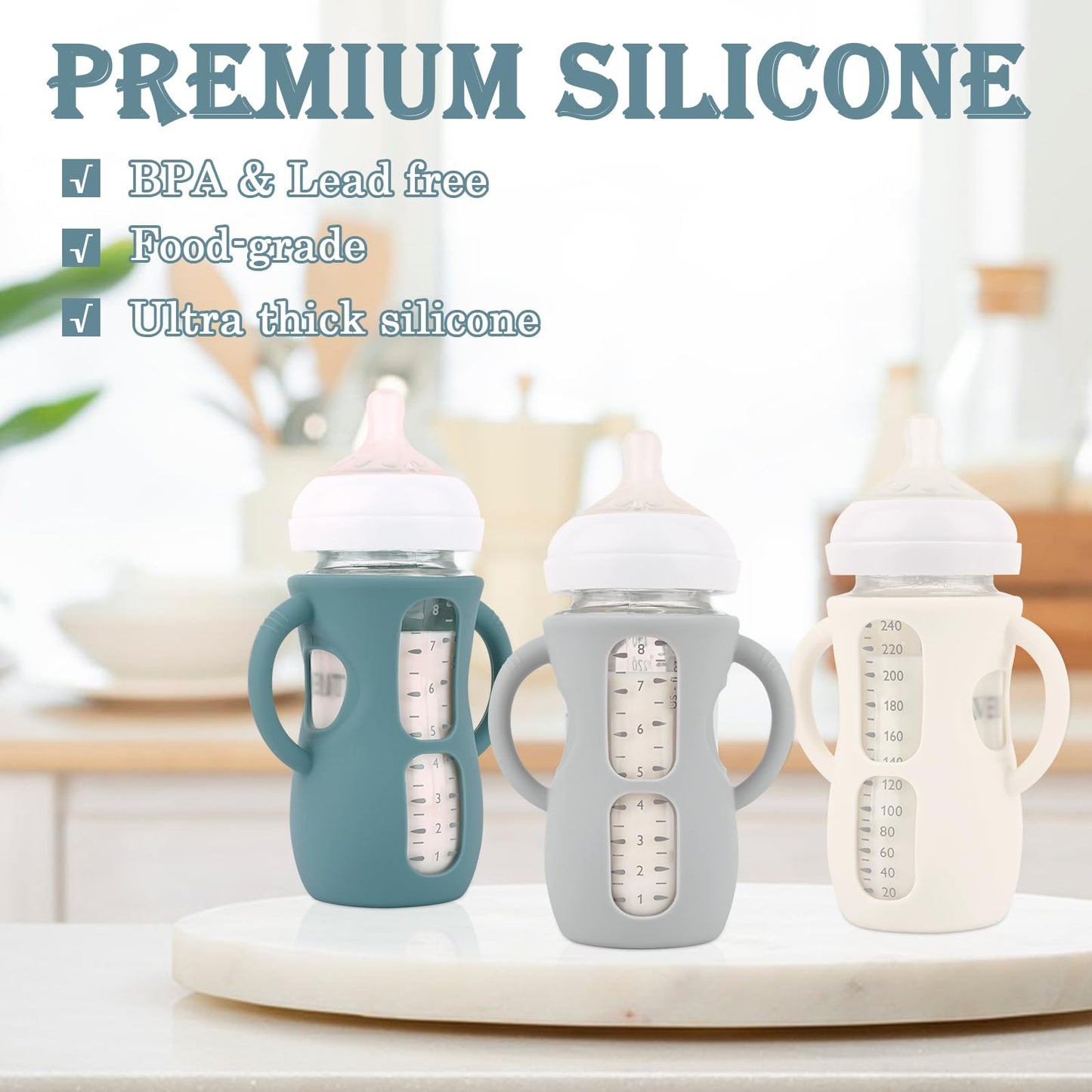 3 Pack Silicone Sleeves for Avent Natural Glass Baby Bottles, Anti Breakage Baby Bottle Holder, Compatible Philips Avent Glass Natural Baby Bottle 4 oz(Grey+Dark Blue+Apricot)