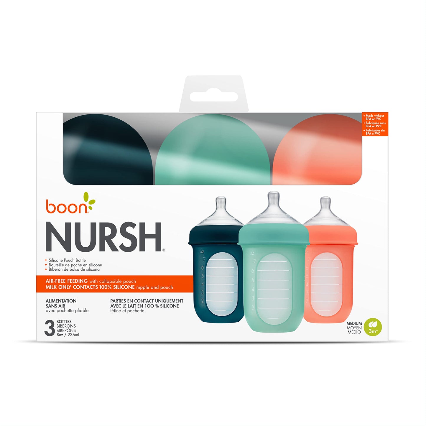 Boon Nursh Reusable Silicone Pouch Baby Bottles - Medium Flow Nipple - Silicone Baby Bottle Pouch and Nipple - Baby Feeding Essentials - Pink - 3-6 Months - 3 Count - 8 Ounce