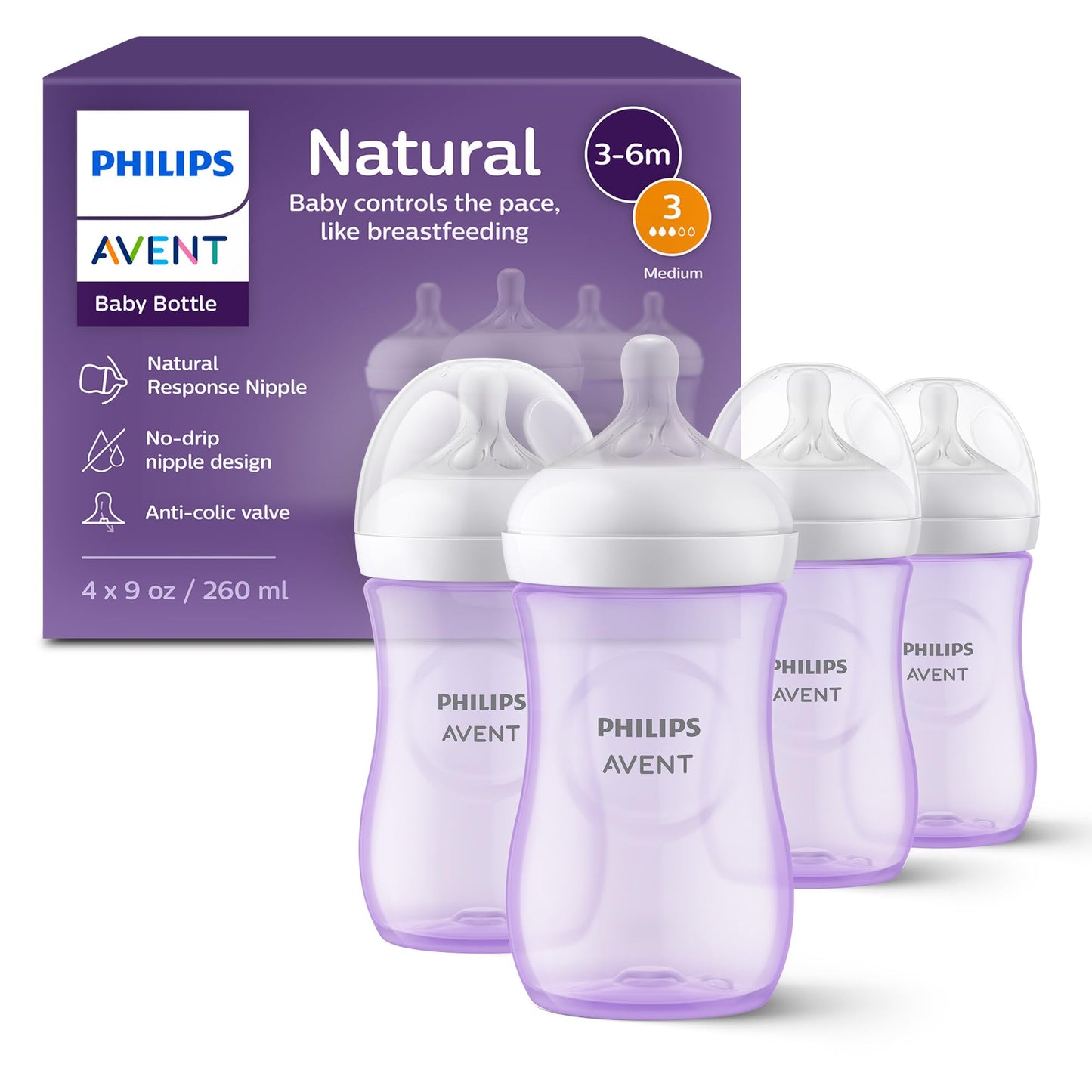 Philips Avent Natural Baby Bottles with Natural Response Nipples (Slow Flow, Flow 2), 4oz, 4-Pack
