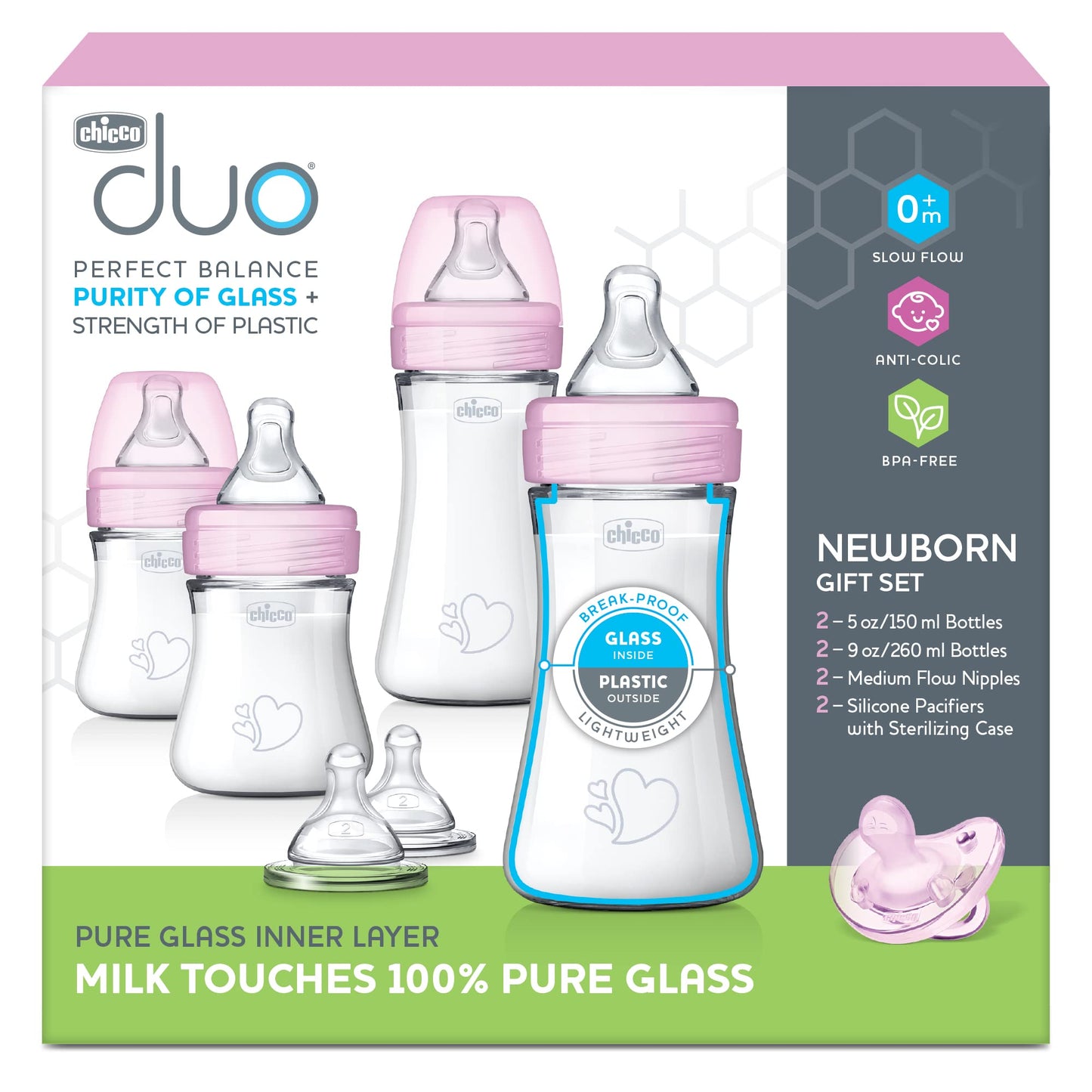 Chicco Duo 9oz. Hybrid Baby Bottle with Invinci-Glass Inside and Plastic Outside | Dishwasher, Bottle Warmer, and Electric Sterilizer Safe | Intui-Latch Nipple | Clear/Grey, 2pk