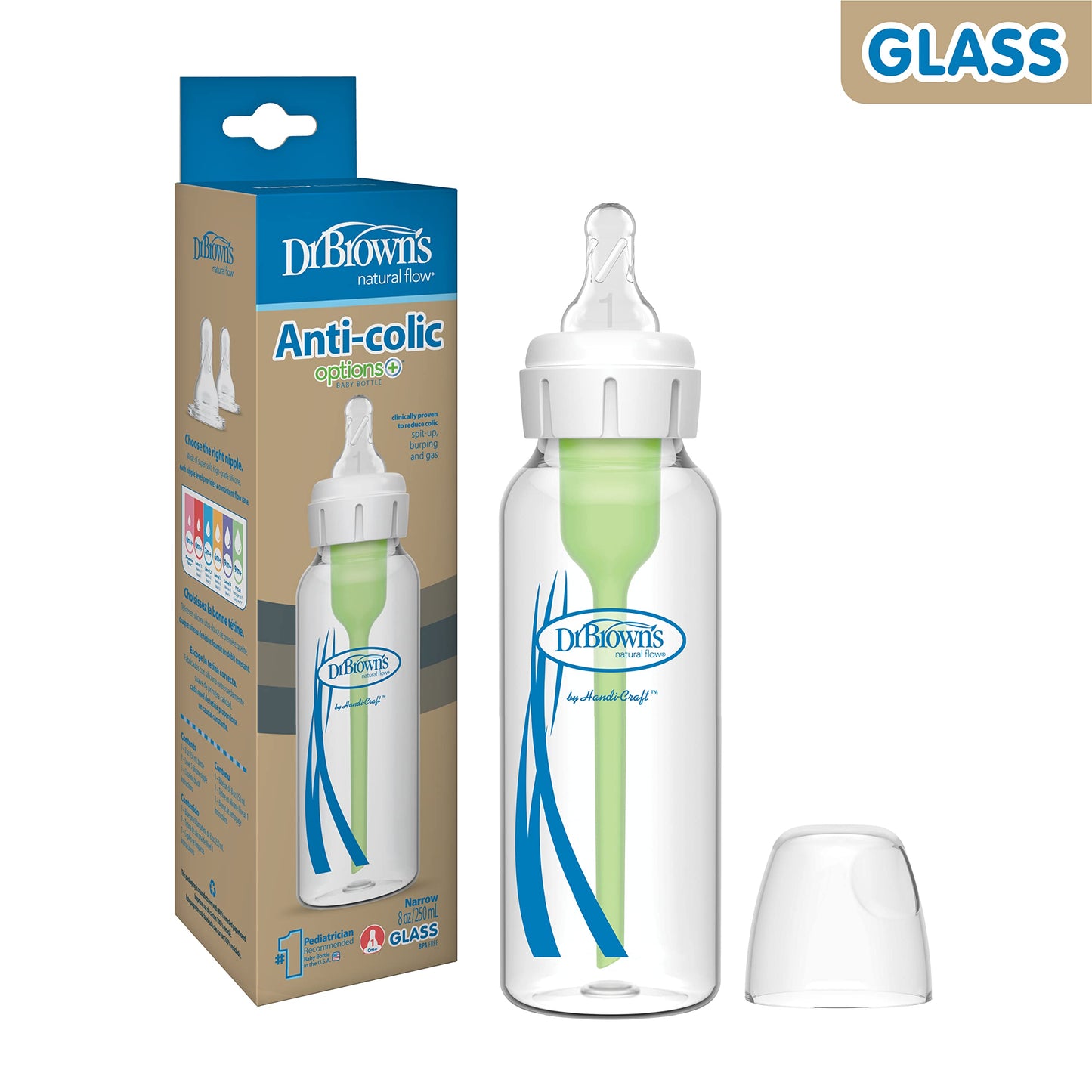 Dr. Brown's Natural Flow Anti-Colic Options+ Narrow Glass Baby Bottle Starter Set with Silicone Bottle Sleeves, Brush & Soft 100% Silicone HappyPaci Pacifier for Newborns, 0m+