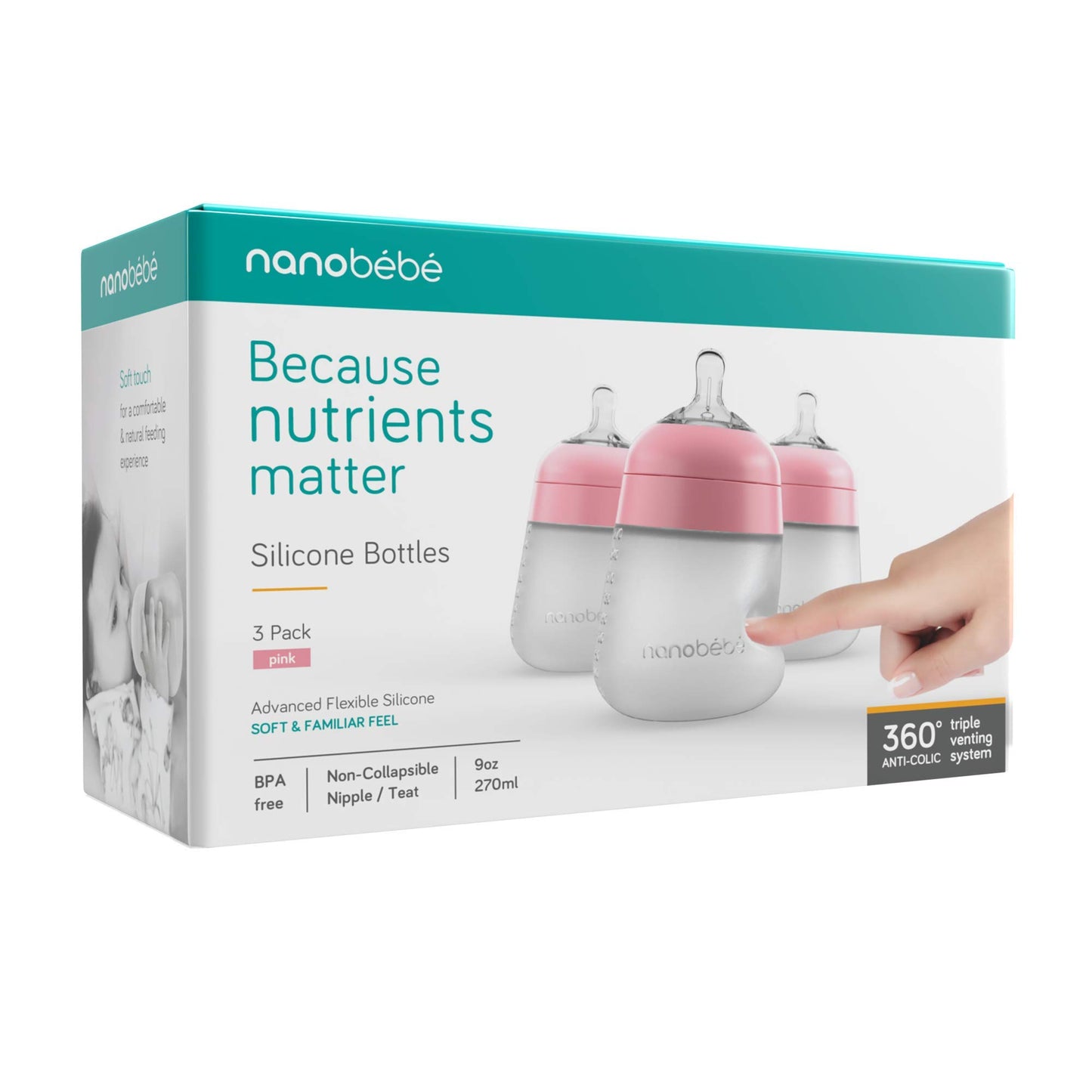 Nanobébé Flexy Silicone Baby Bottle, Anti-Colic, Natural Feel, Non-Collapsing Nipple, Non-Tip Stable Base, Easy to Clean, 3-Pack, Gray, 9oz