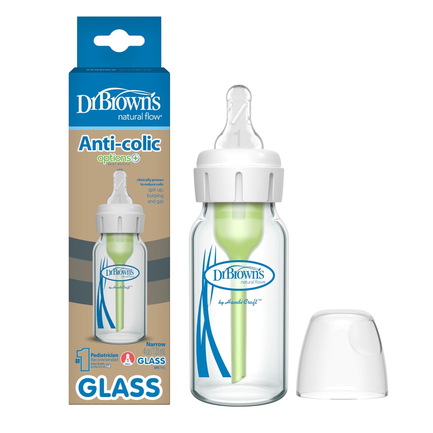 Dr. Brown's Natural Flow Anti-Colic Options+ Narrow Glass Baby Bottle Starter Set with Silicone Bottle Sleeves, Brush & Soft 100% Silicone HappyPaci Pacifier for Newborns, 0m+