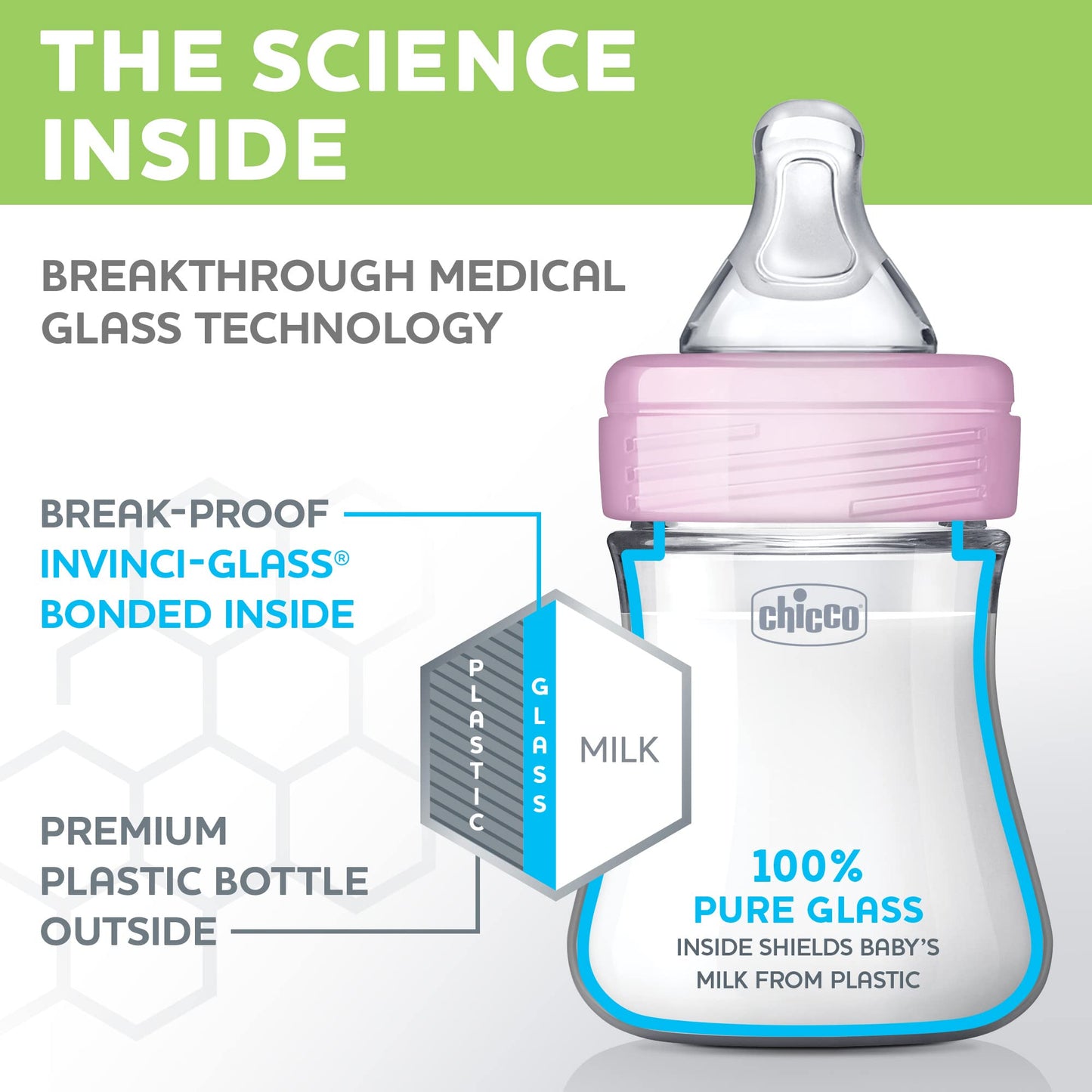 Chicco Duo 9oz. Hybrid Baby Bottle with Invinci-Glass Inside and Plastic Outside | Dishwasher, Bottle Warmer, and Electric Sterilizer Safe | Intui-Latch Nipple | Clear/Grey, 2pk
