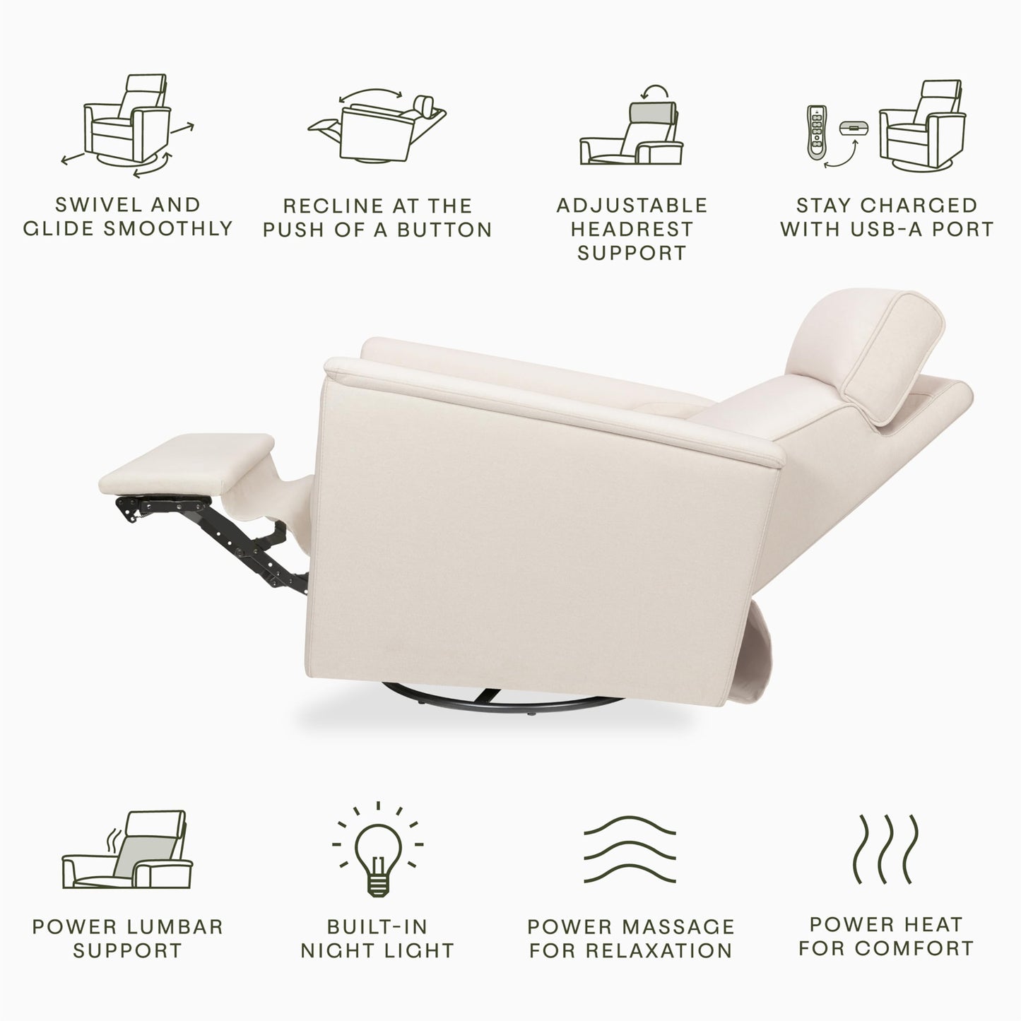 NAMESAKE Willa Plus Electric Power Recliner Chair with Headrest & USB Ports - Water & Stain Resistant Nursery Glider Rocking Chair for Nursing - GREENGUARD Gold Certified 270° Swivel Glider Recliner