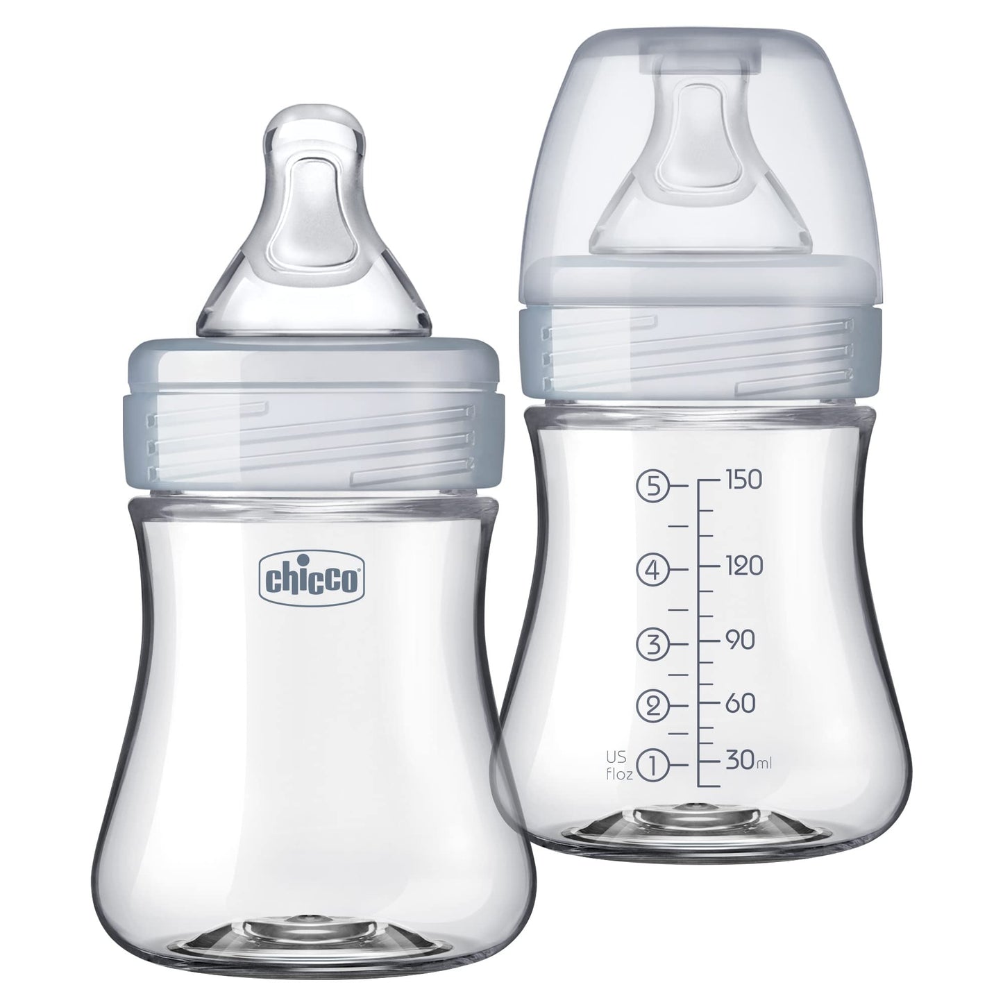 Chicco Duo 9oz. Hybrid Baby Bottle with Invinci-Glass Inside and Plastic Outside | Dishwasher, Bottle Warmer, and Electric Sterilizer Safe | Intui-Latch Nipple | Clear/Grey, 2pk