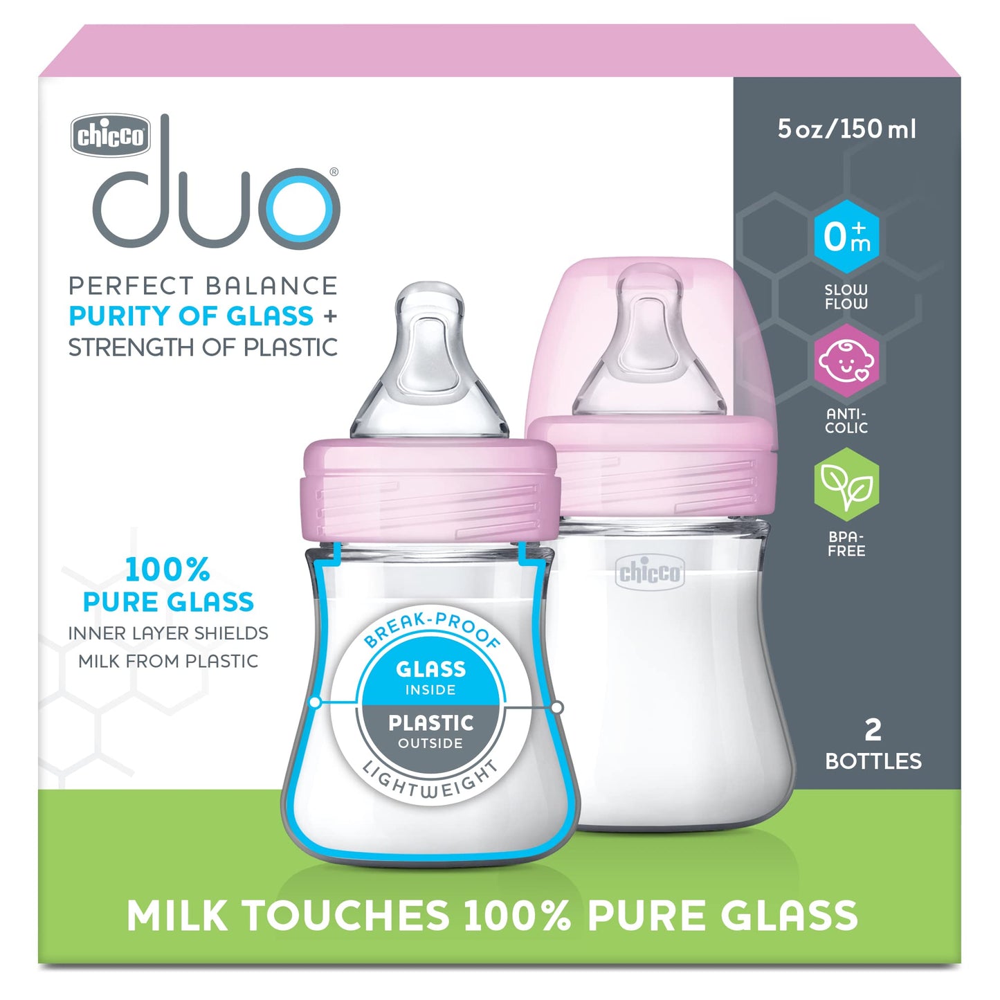 Chicco Duo 9oz. Hybrid Baby Bottle with Invinci-Glass Inside and Plastic Outside | Dishwasher, Bottle Warmer, and Electric Sterilizer Safe | Intui-Latch Nipple | Clear/Grey, 2pk