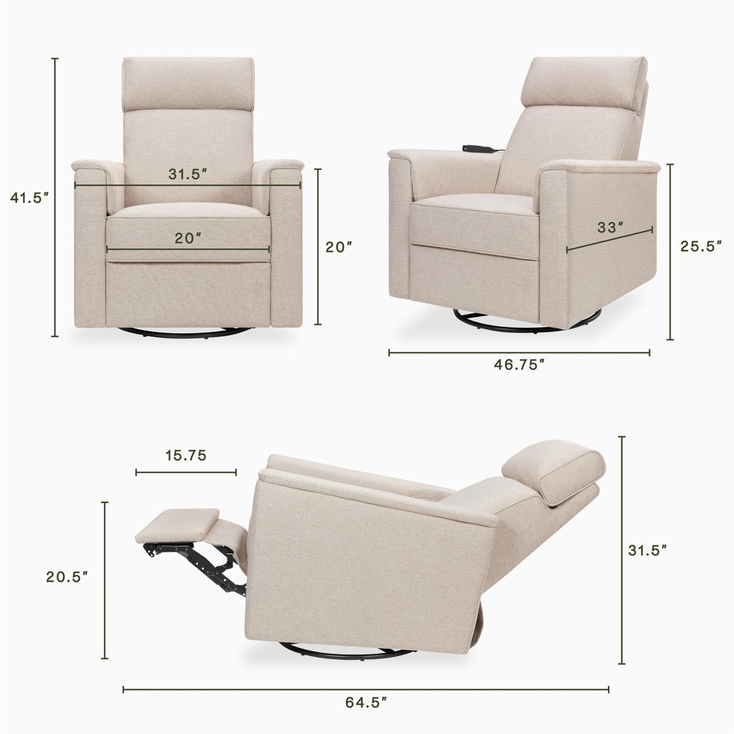 NAMESAKE Willa Plus Electric Power Recliner Chair with Headrest & USB Ports - Water & Stain Resistant Nursery Glider Rocking Chair for Nursing - GREENGUARD Gold Certified 270° Swivel Glider Recliner