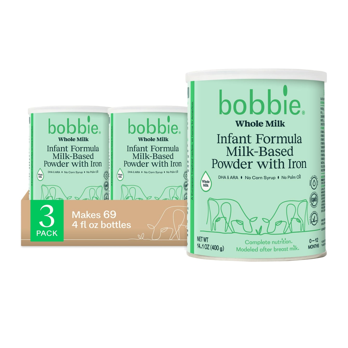 Bobbie Whole Milk, Grass Fed Infant Formula with Iron, Plant Based DHA and ARA, Vitamin D and Protein Blend Modeled After Breast Milk