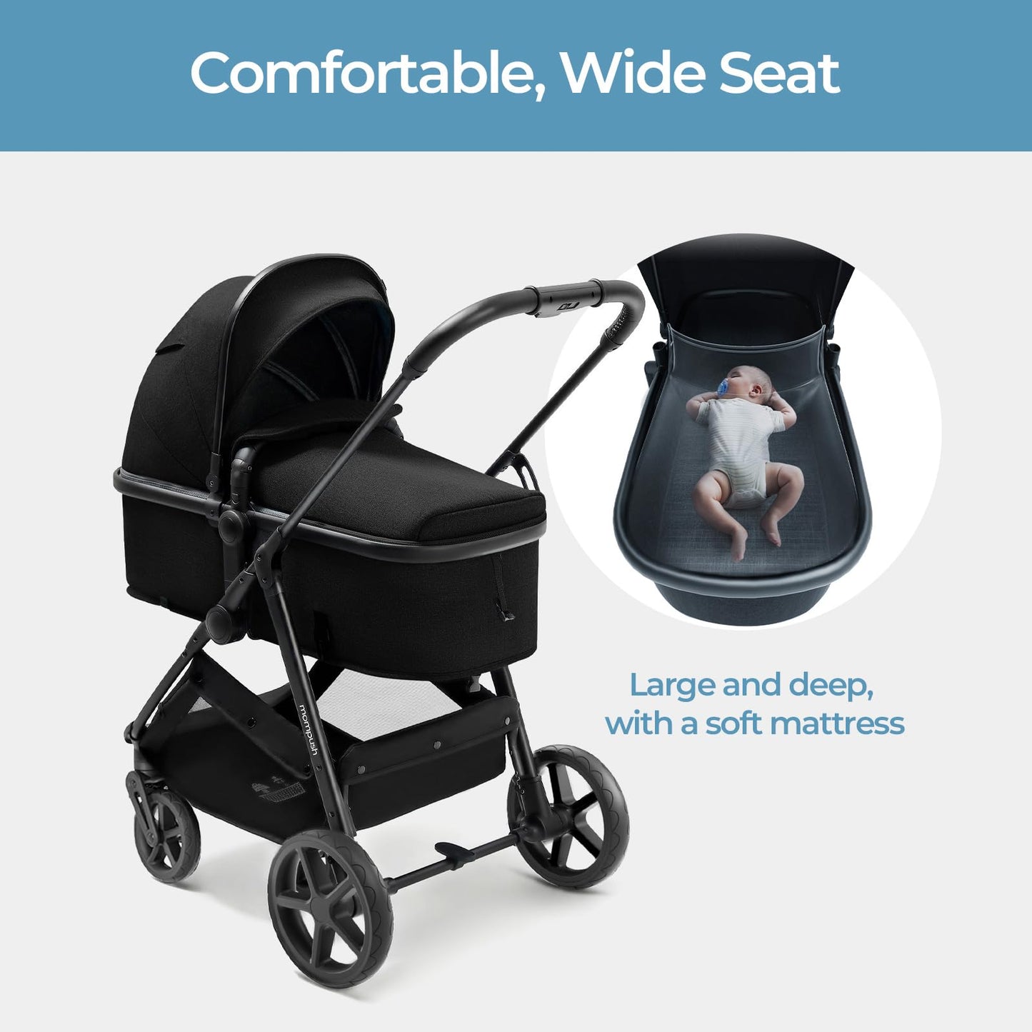 Mompush Wiz 2-in-1 Convertible Baby Stroller with Bassinet Mode, Foldable Infant Stroller with Reversible Seat and Large UPF 50+ Canopy