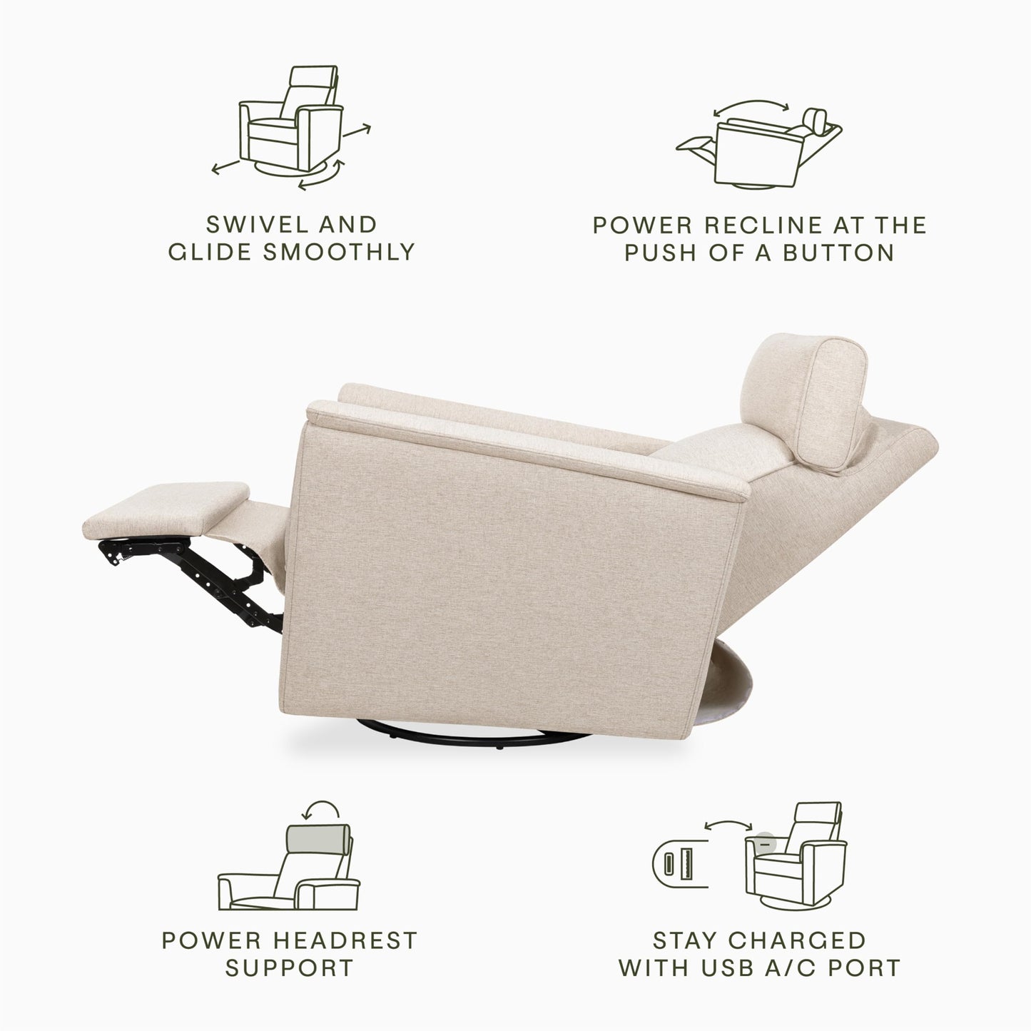 NAMESAKE Willa Plus Electric Power Recliner Chair with Headrest & USB Ports - Water & Stain Resistant Nursery Glider Rocking Chair for Nursing - GREENGUARD Gold Certified 270° Swivel Glider Recliner