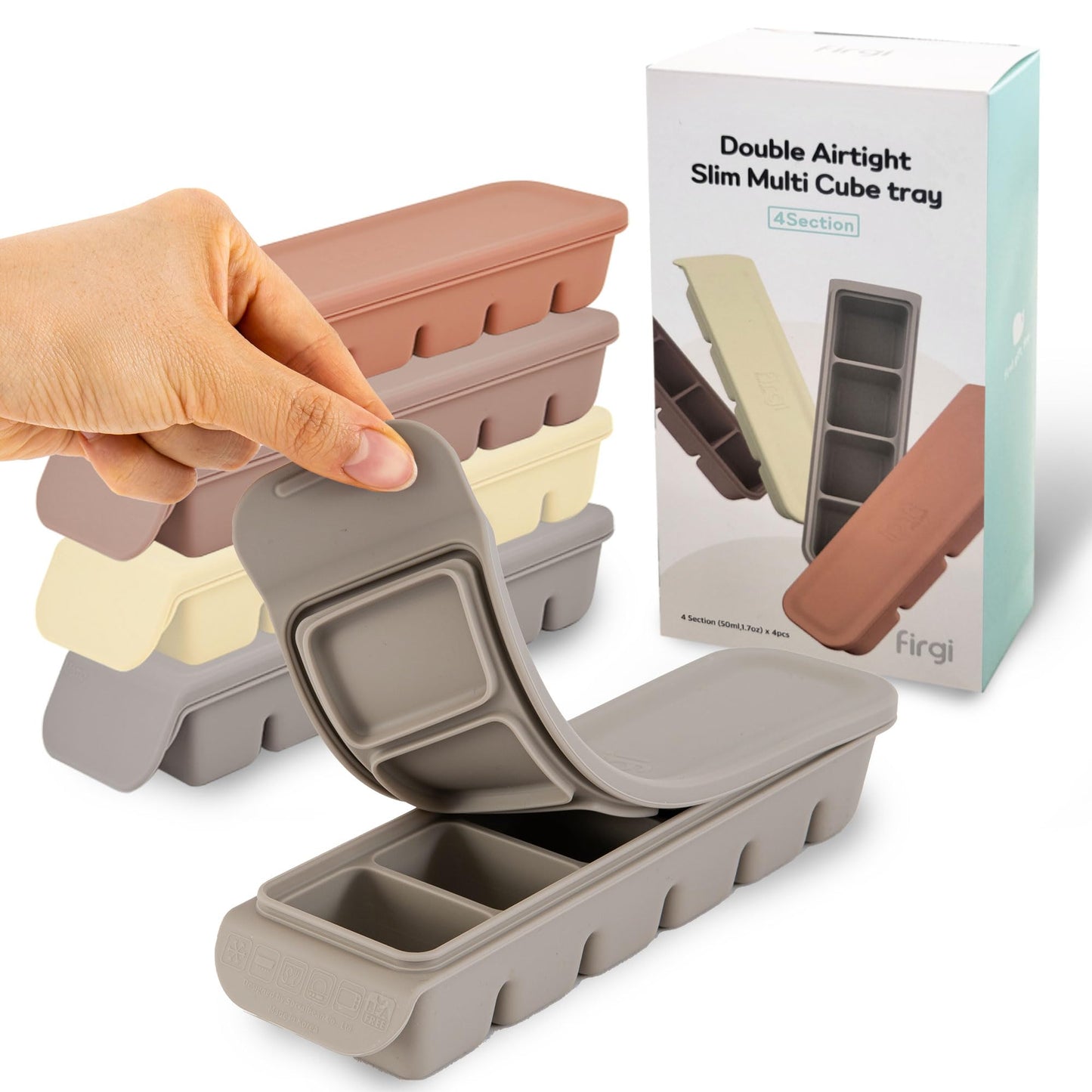4 Section-1.7oz Gray 100% Food Grade Silicone Ice Cube Tray Food Container with Airtight Locking Lid, Fruit Vegetable Purees, Breastmilk Storage for Baby & Toddler Food | BPA Free Korea Made
