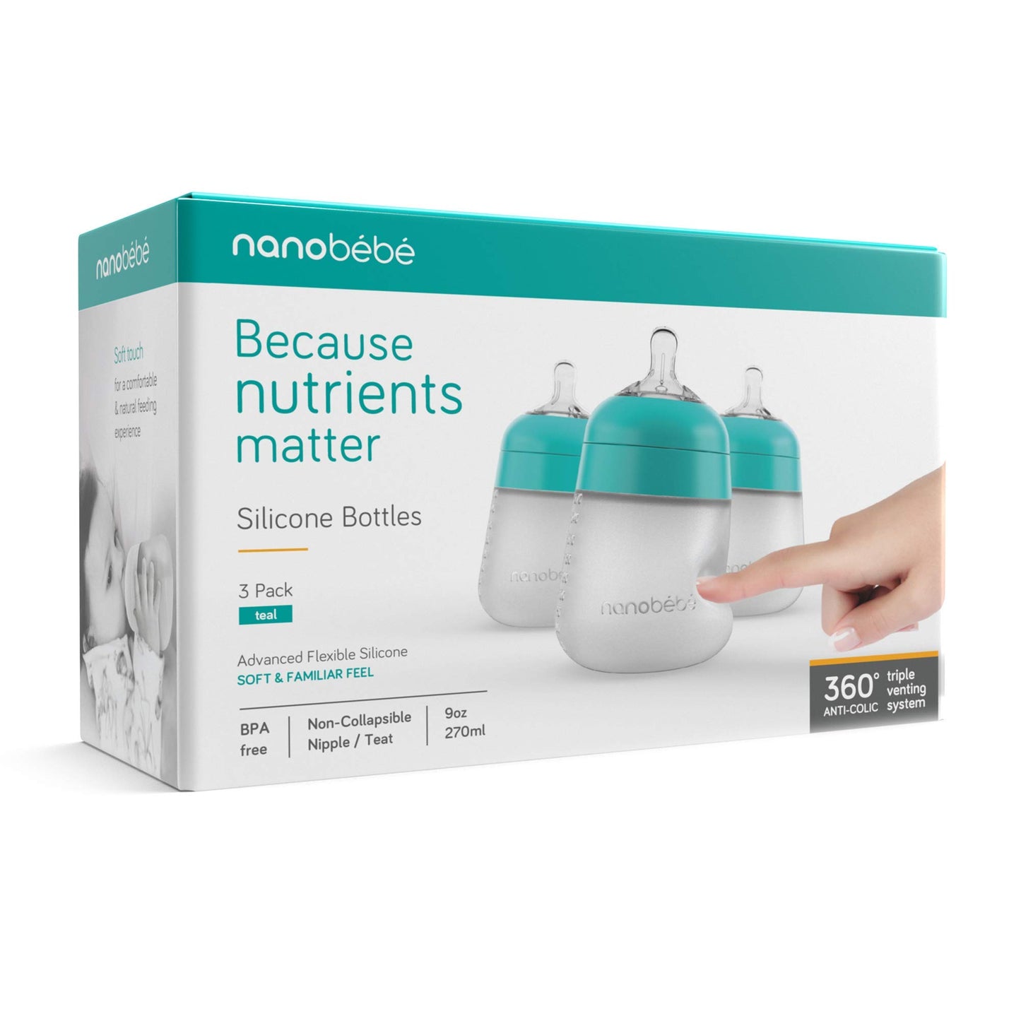 Nanobébé Flexy Silicone Baby Bottle, Anti-Colic, Natural Feel, Non-Collapsing Nipple, Non-Tip Stable Base, Easy to Clean, 3-Pack, Gray, 9oz
