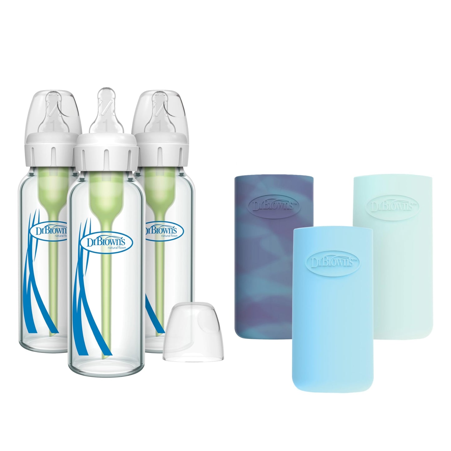 Dr. Brown's Natural Flow Anti-Colic Options+ Narrow Glass Baby Bottle Starter Set with Silicone Bottle Sleeves, Brush & Soft 100% Silicone HappyPaci Pacifier for Newborns, 0m+