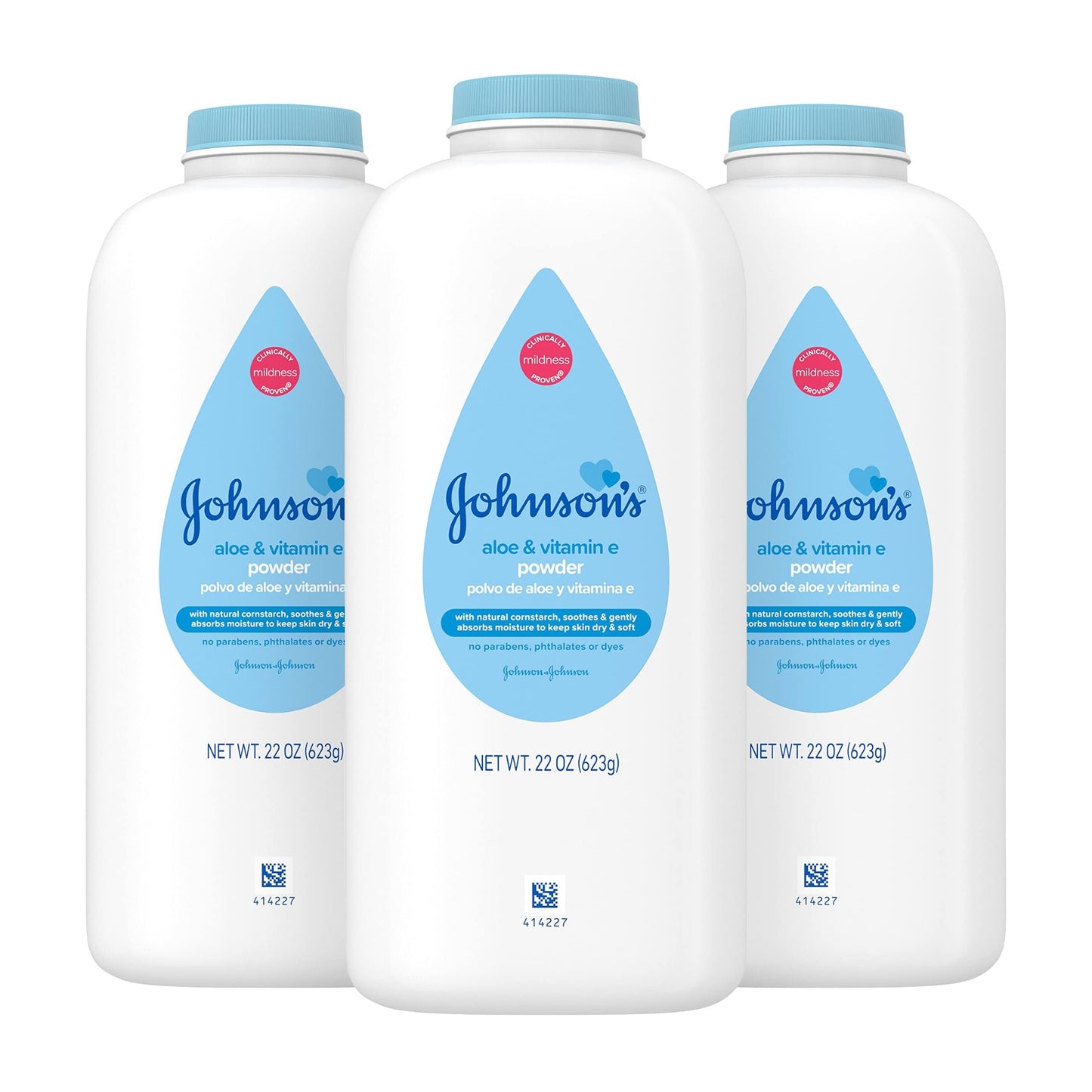 Johnson's Baby Powder with Naturally Derived Cornstarch, Aloe & Vitamin E, 22 oz, 3 Pack