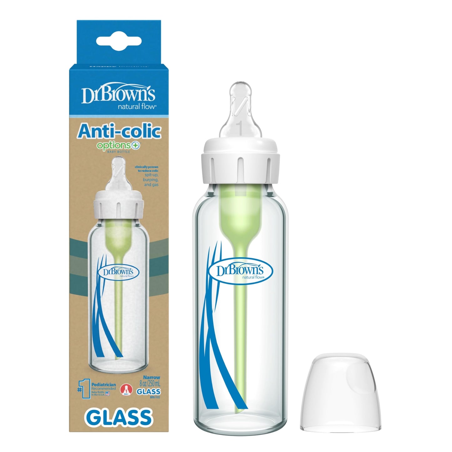 Dr. Brown's Natural Flow Anti-Colic Options+ Narrow Glass Baby Bottle Starter Set with Silicone Bottle Sleeves, Brush & Soft 100% Silicone HappyPaci Pacifier for Newborns, 0m+